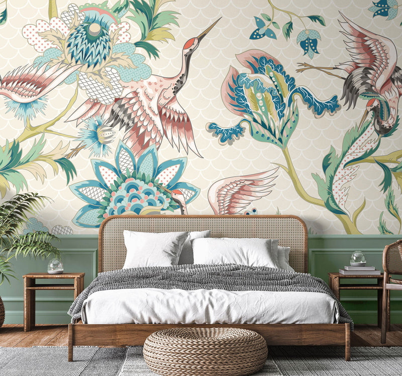 Cranes In Flight Cream Mural (Large) by Origin Murals