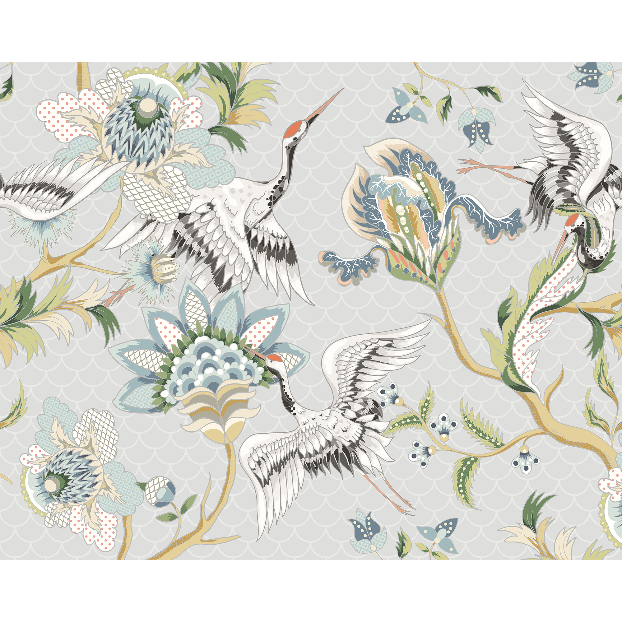 Cranes In Flight Grey Mural (Large) by Origin Murals