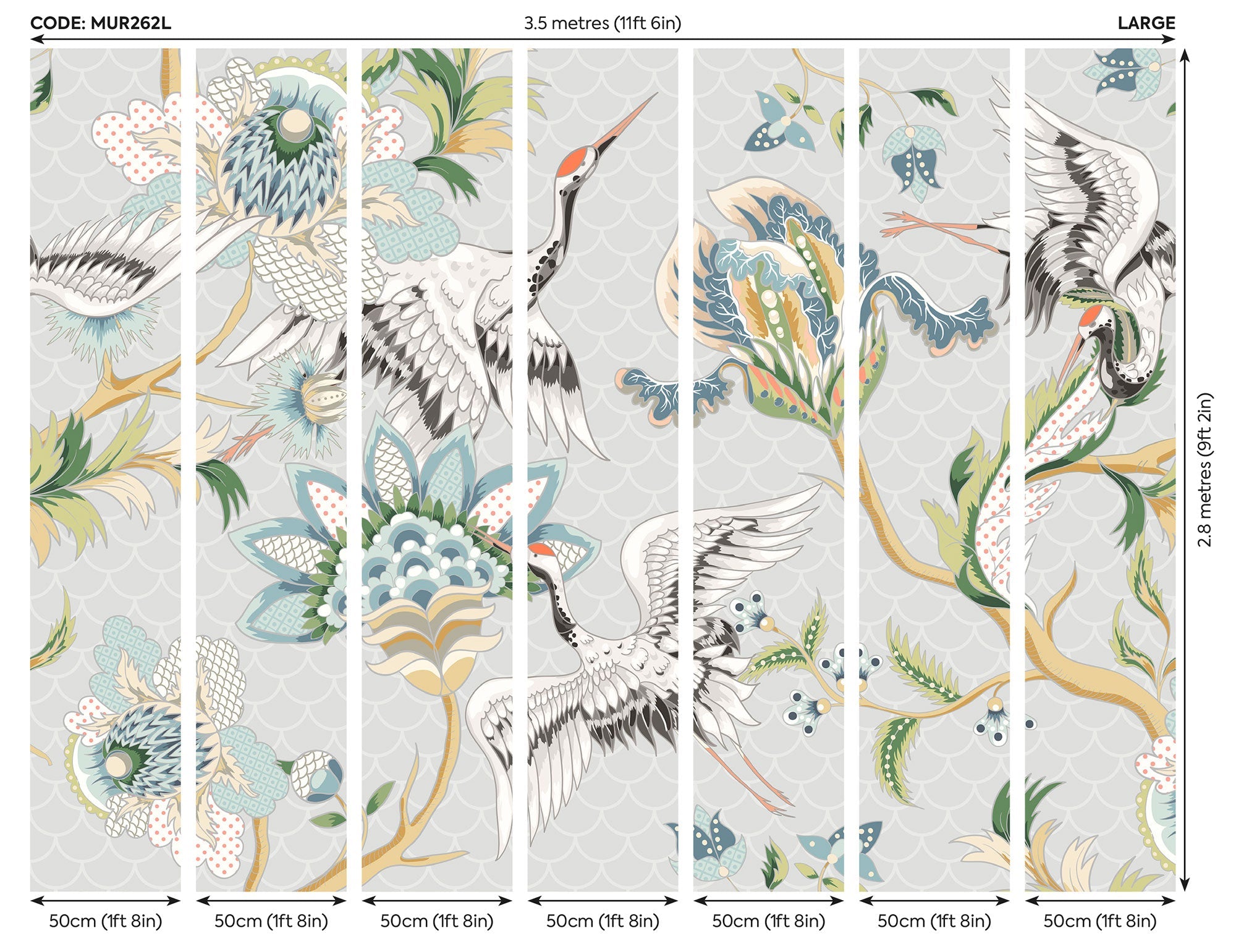 Cranes In Flight Grey Mural (Large) by Origin Murals