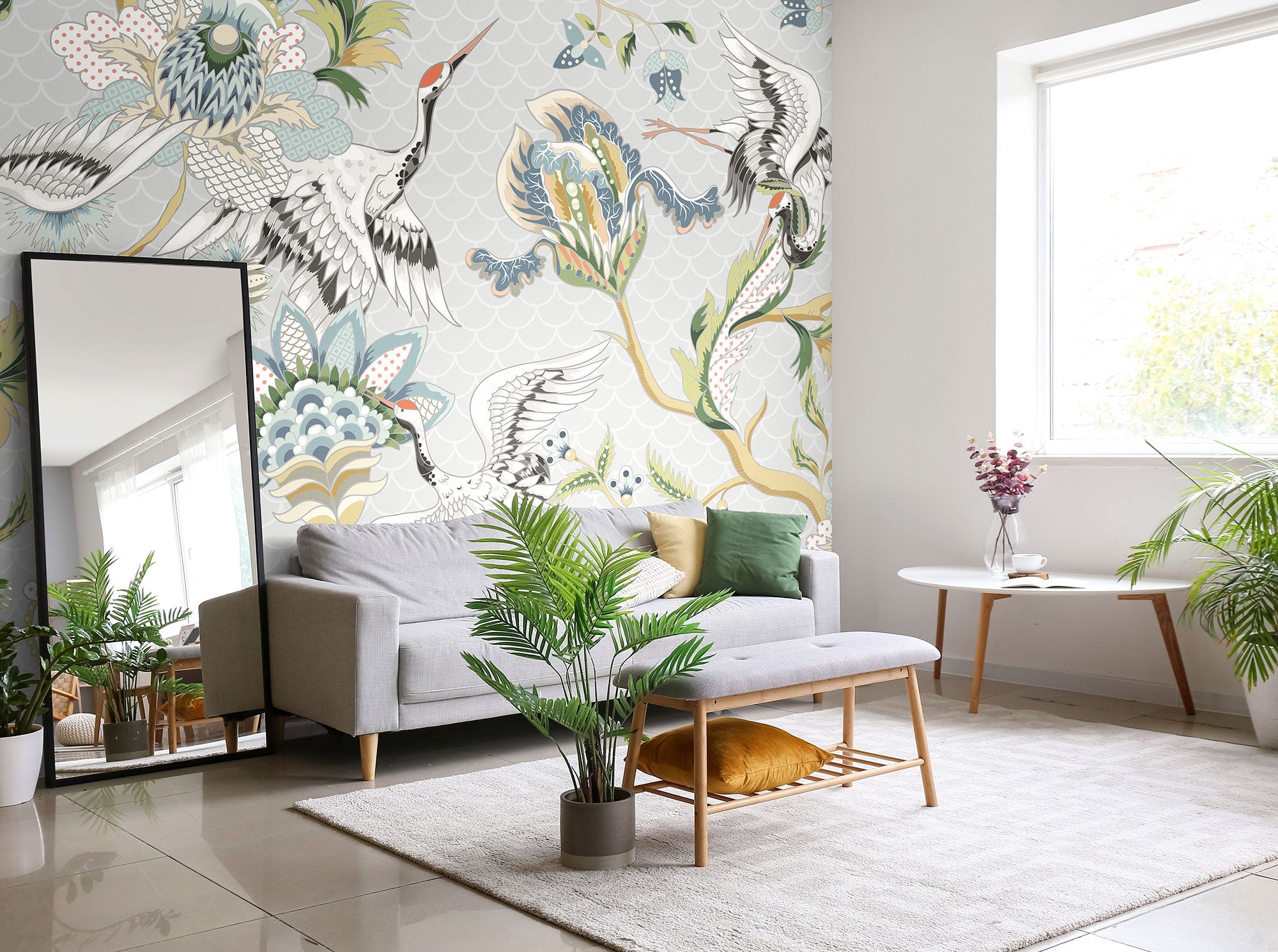 Cranes In Flight Grey Mural (Medium) by Origin Murals