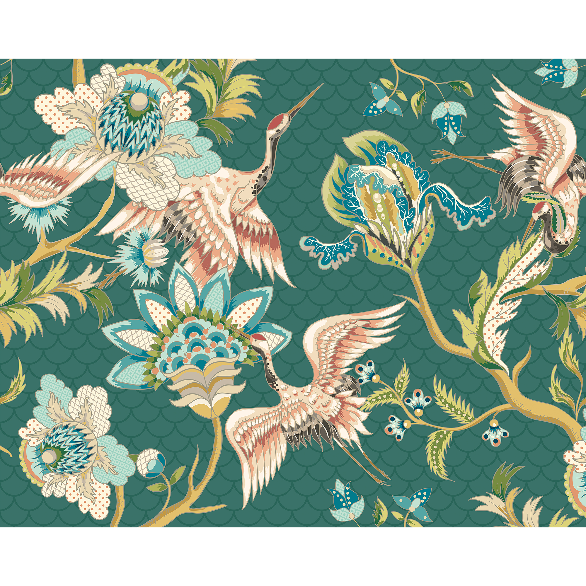 Cranes In Flight Green Mural (Medium) by Origin Murals