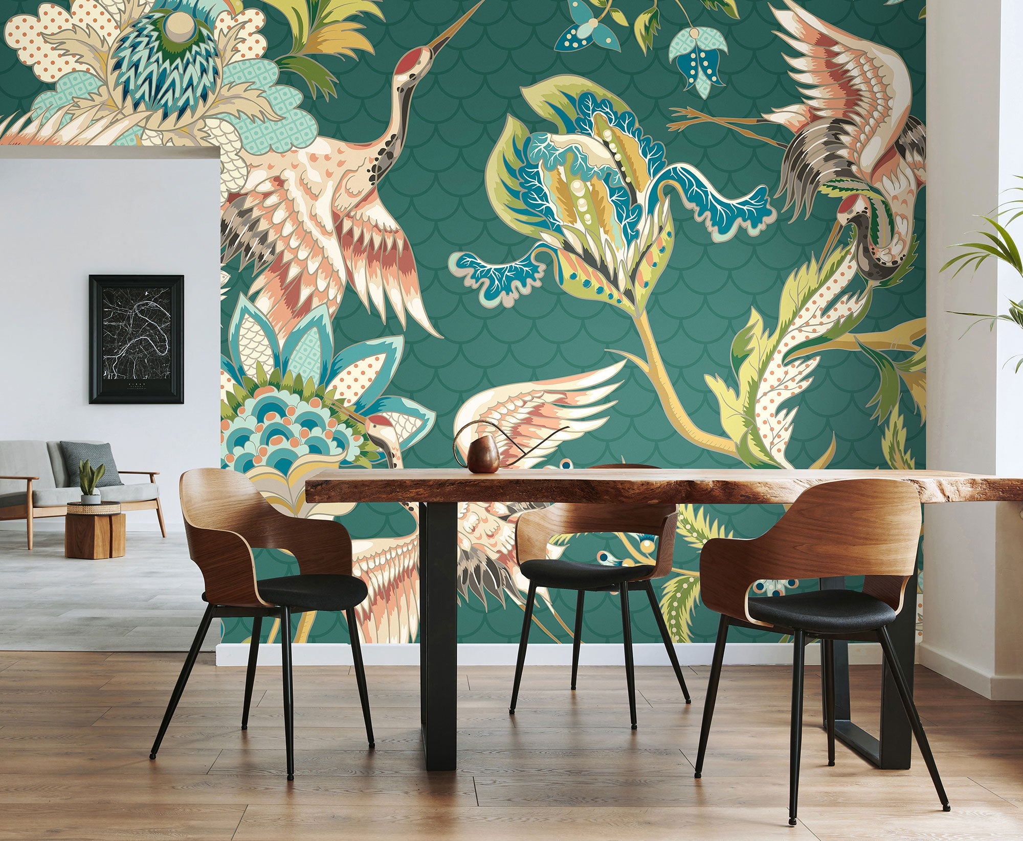 Cranes In Flight Green Mural (Medium) by Origin Murals