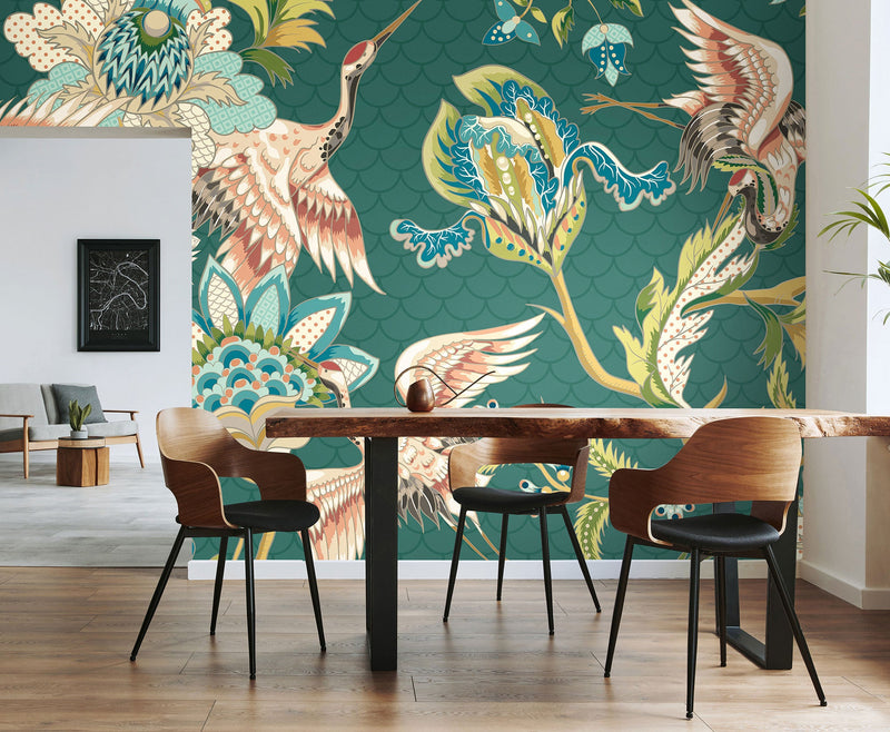 Cranes In Flight Green Mural (Medium) by Origin Murals