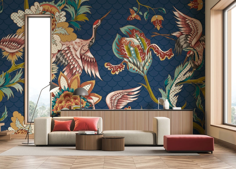 Cranes In Flight Navy Blue Mural (Large) by Origin Murals