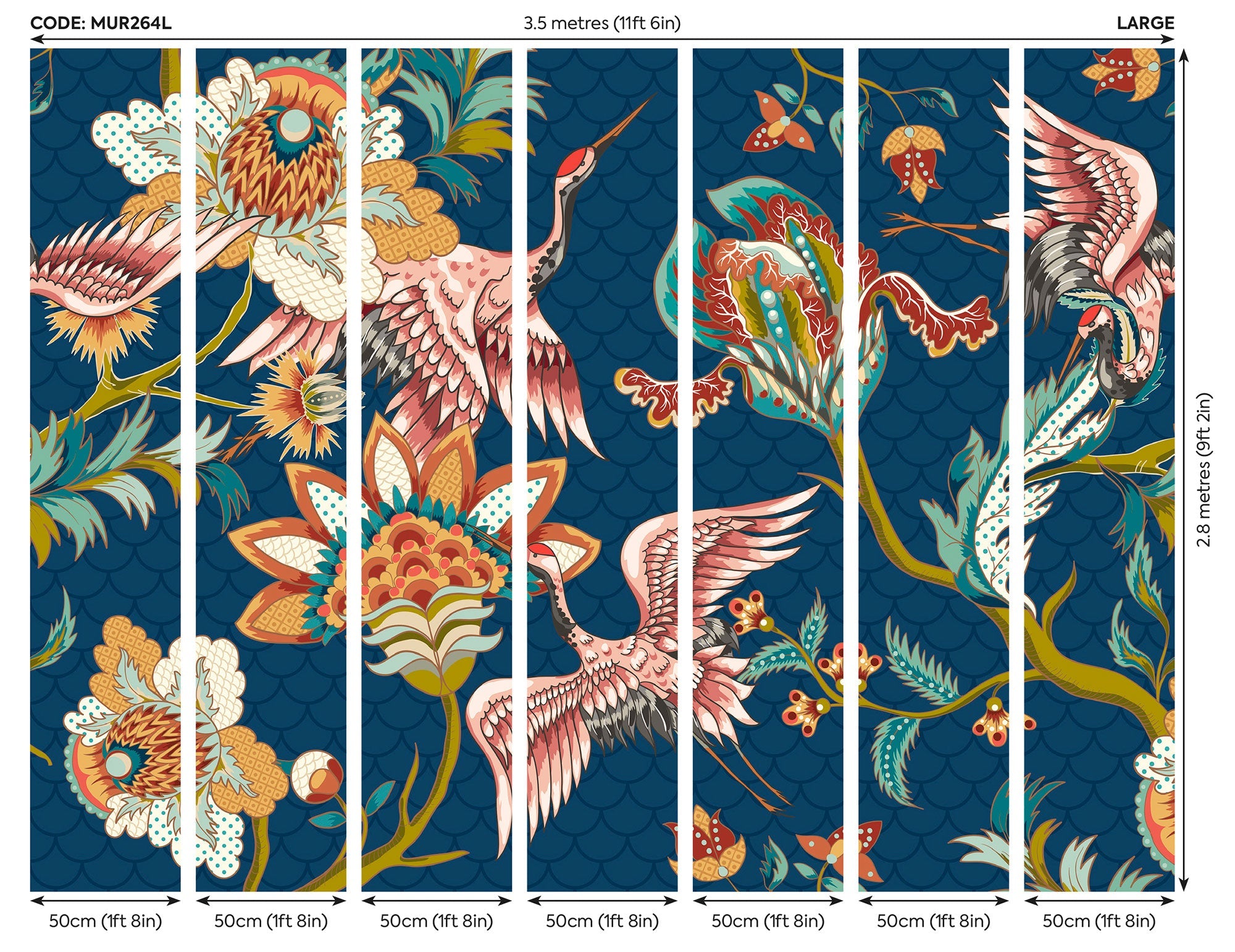 Cranes In Flight Navy Blue Mural (Large) by Origin Murals