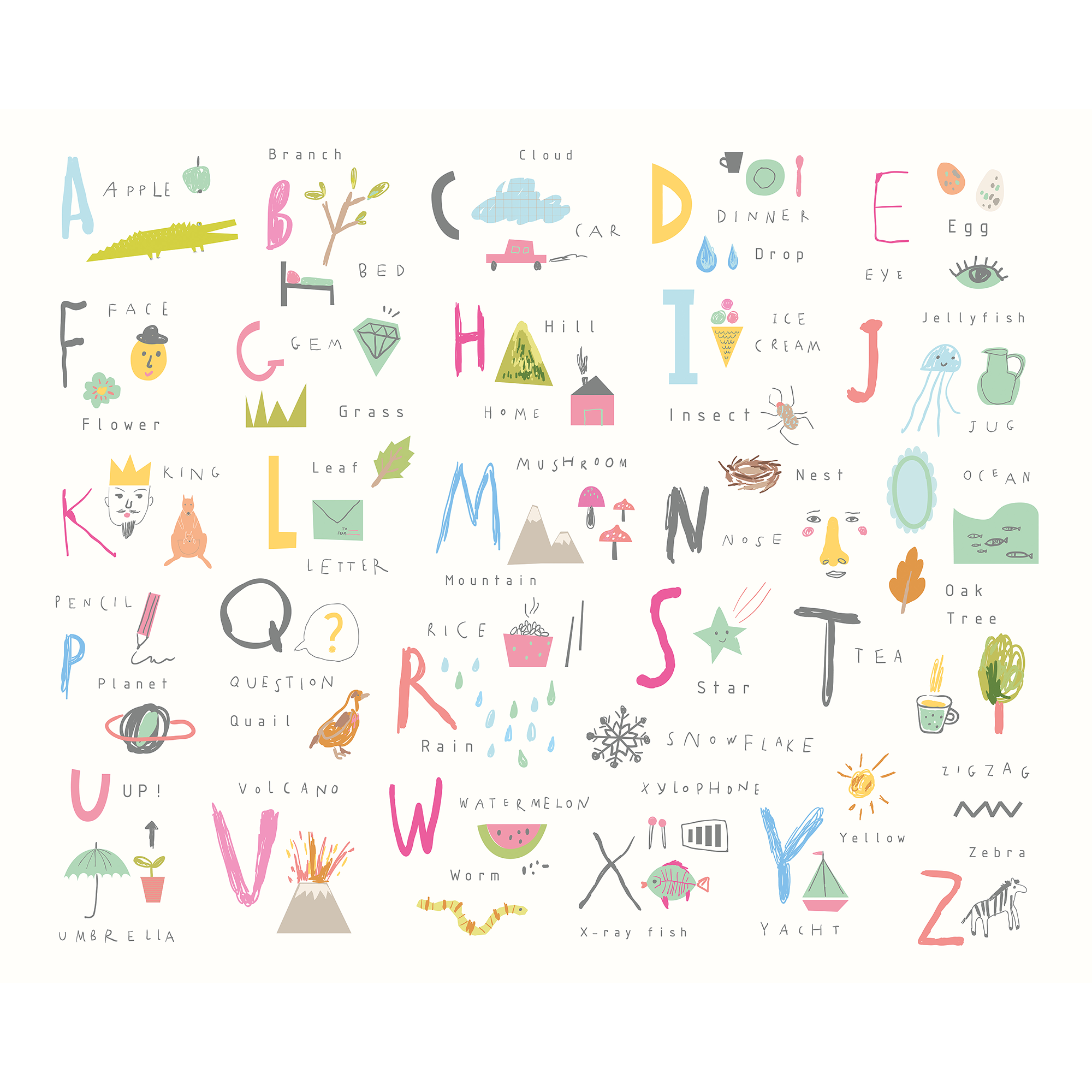 Childrens Alphabet Illustrations Multi Pink Mural (Large) by Origin Murals