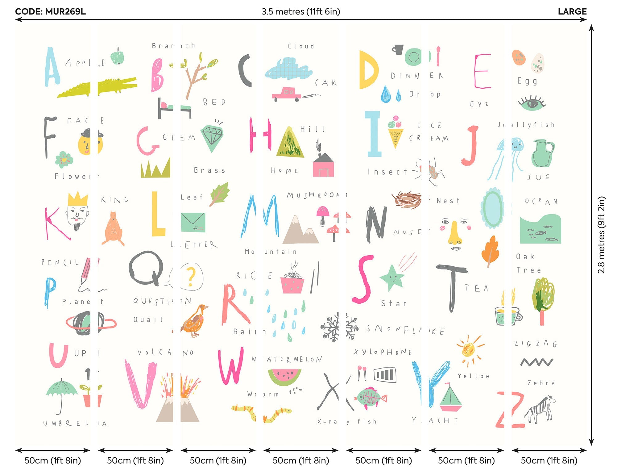 Childrens Alphabet Illustrations Multi Pink Mural (Large) by Origin Murals