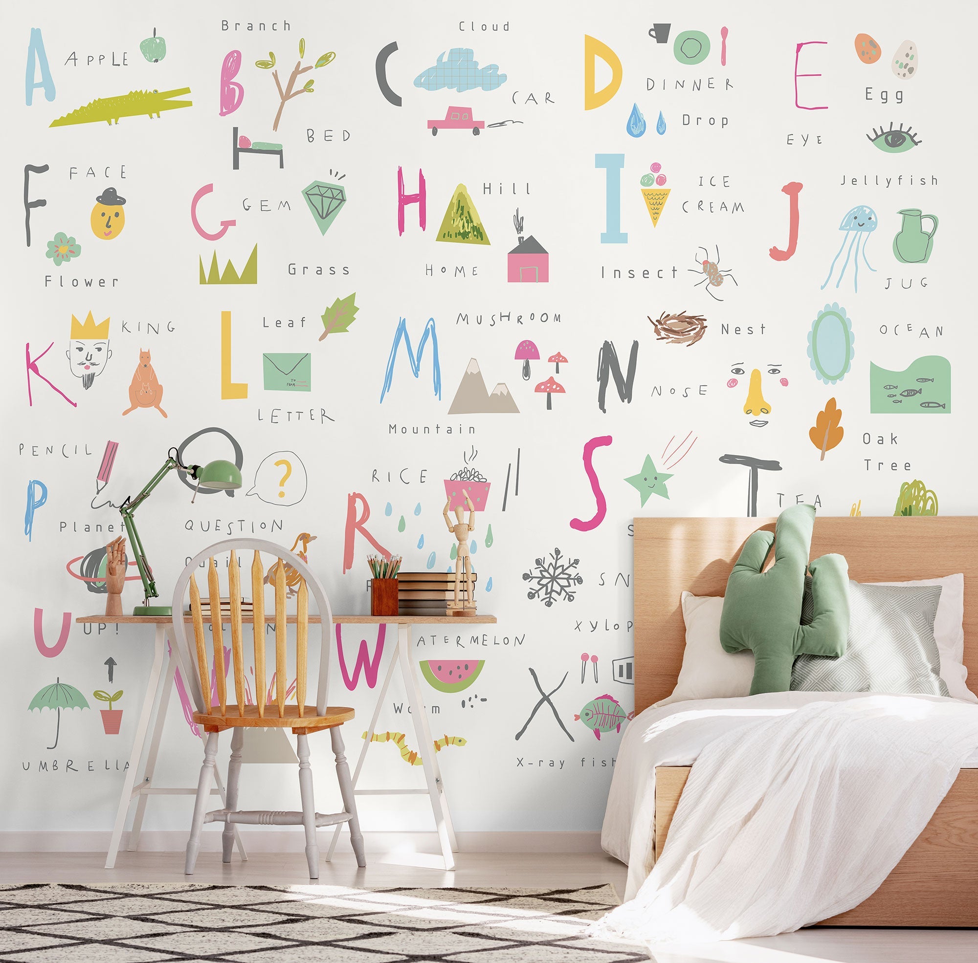 Childrens Alphabet Illustrations Multi Pink Mural (Medium) by Origin Murals