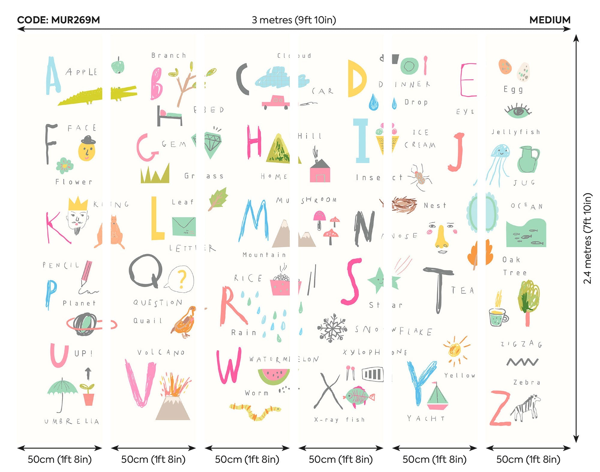 Childrens Alphabet Illustrations Multi Pink Mural (Medium) by Origin Murals