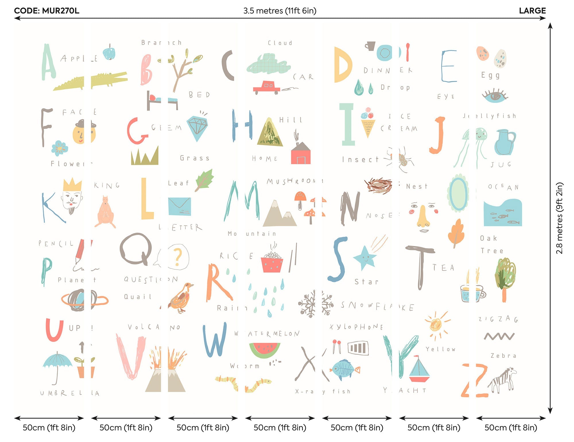 Childrens Alphabet Illustrations Multi Pastel Mural (Large) by Origin Murals
