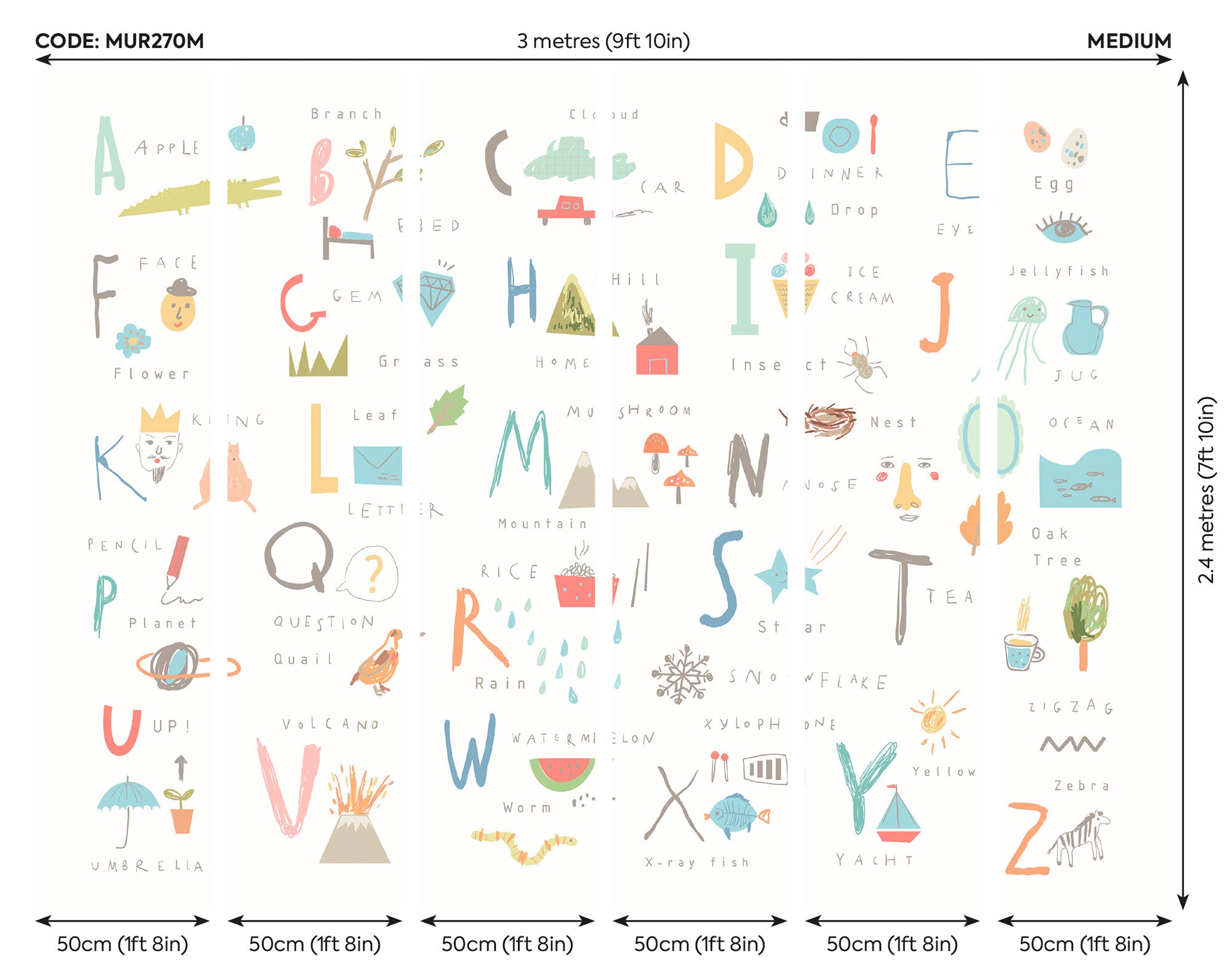 Childrens Alphabet Illustrations Multi Pastel Mural (Medium) by Origin Murals