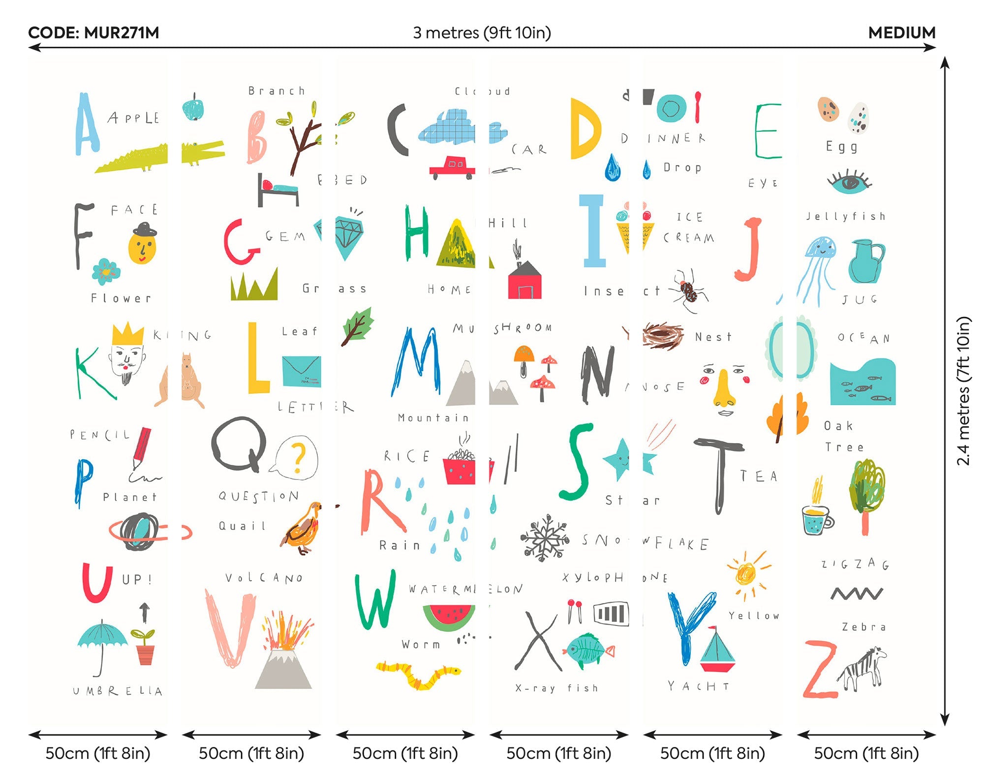 Childrens Alphabet Illustrations Multi Bright Mural (Medium) by Origin Murals