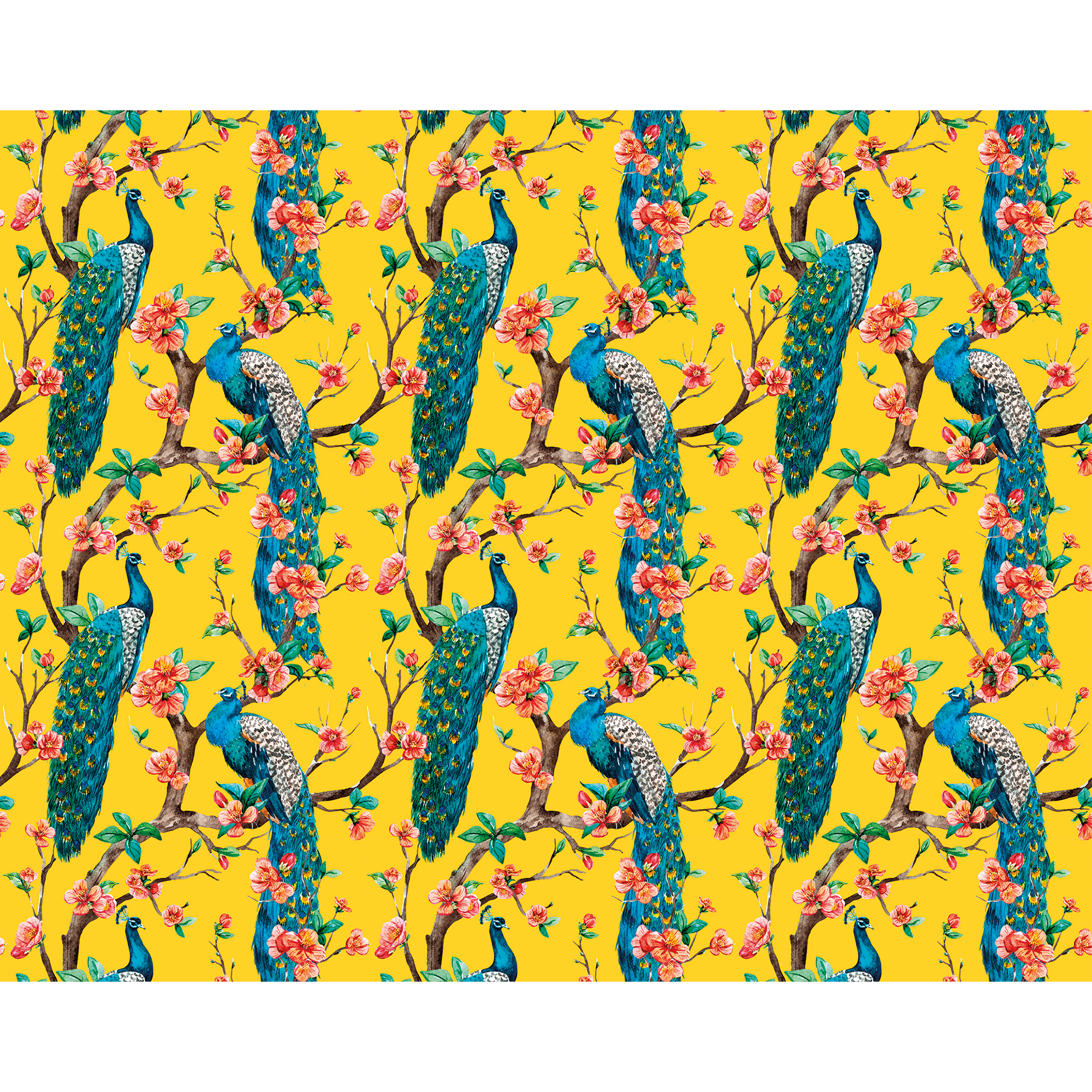 Flowery Peacocks Yellow Mural (Large) by Origin Murals