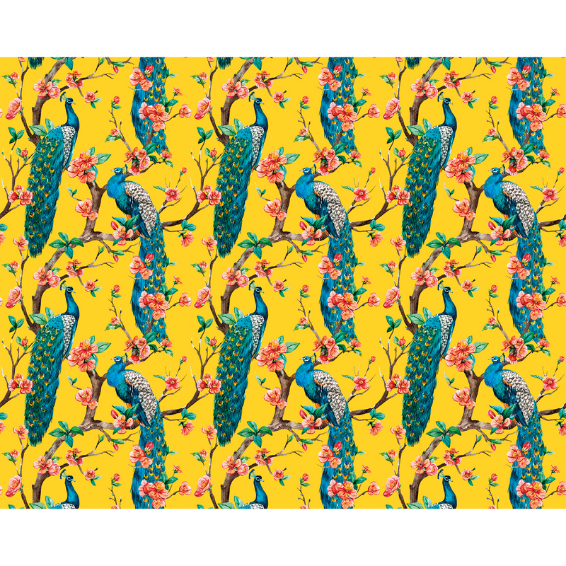 Flowery Peacocks Yellow Mural (Medium) by Origin Murals