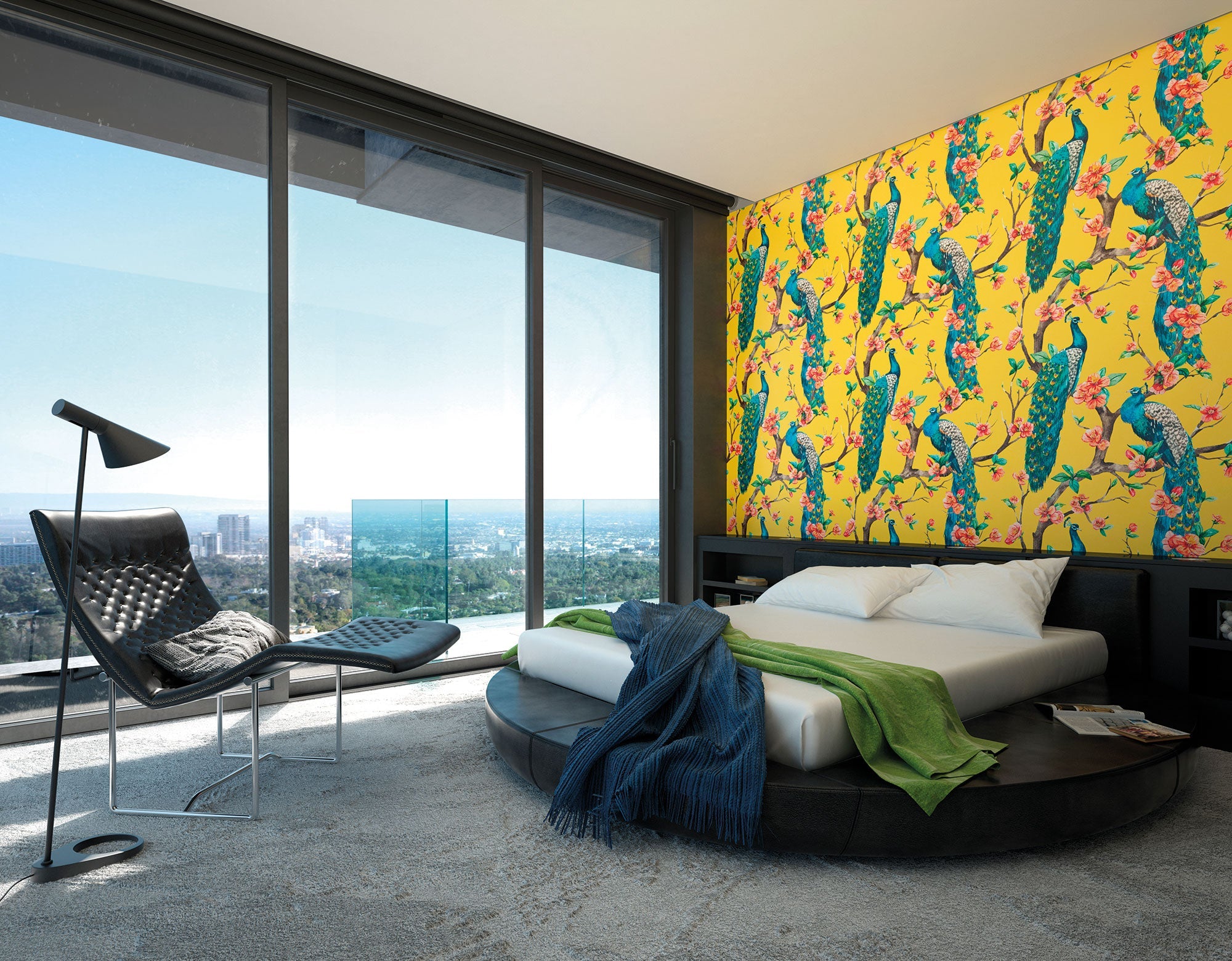 Flowery Peacocks Yellow Mural (Medium) by Origin Murals