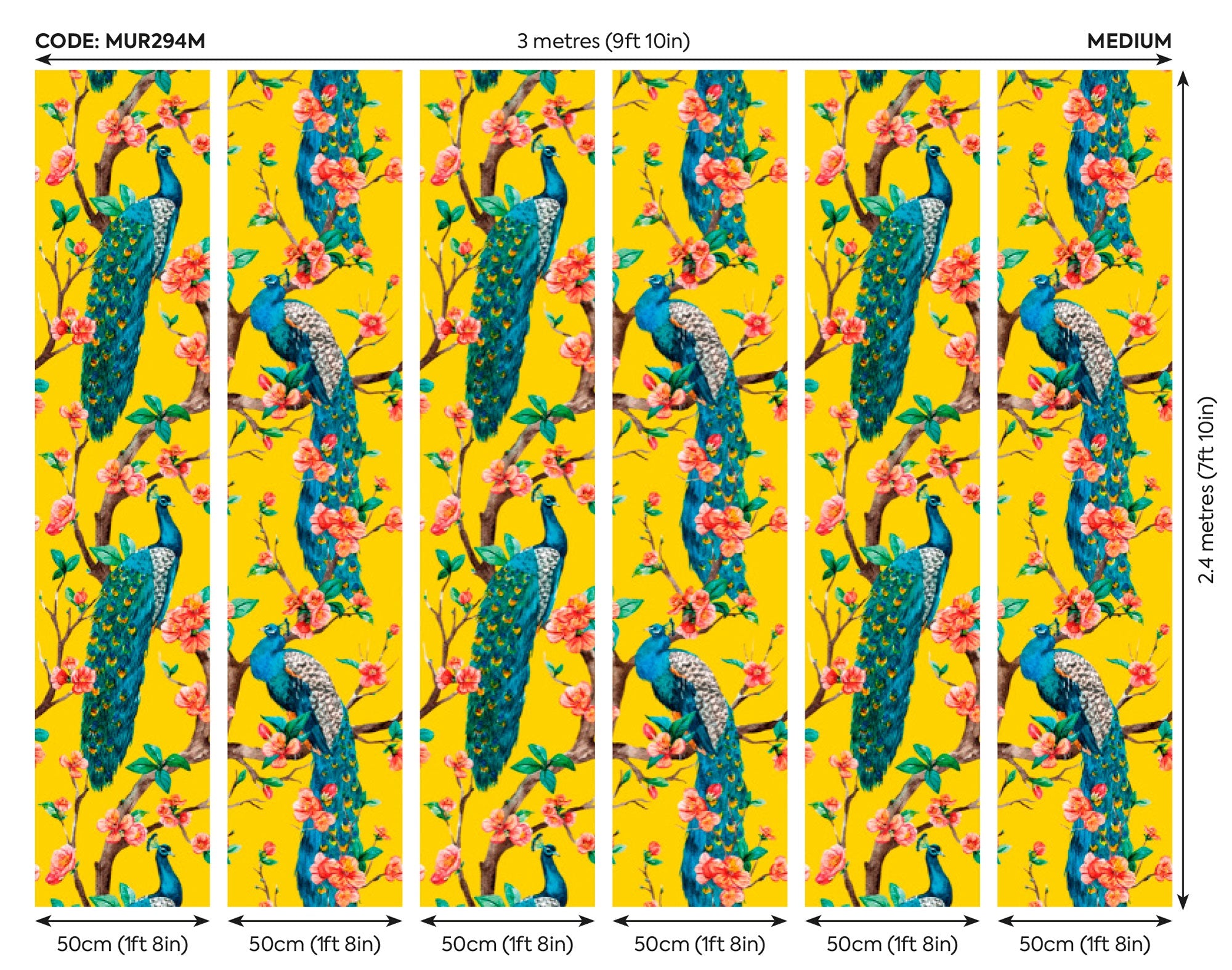 Flowery Peacocks Yellow Mural (Medium) by Origin Murals