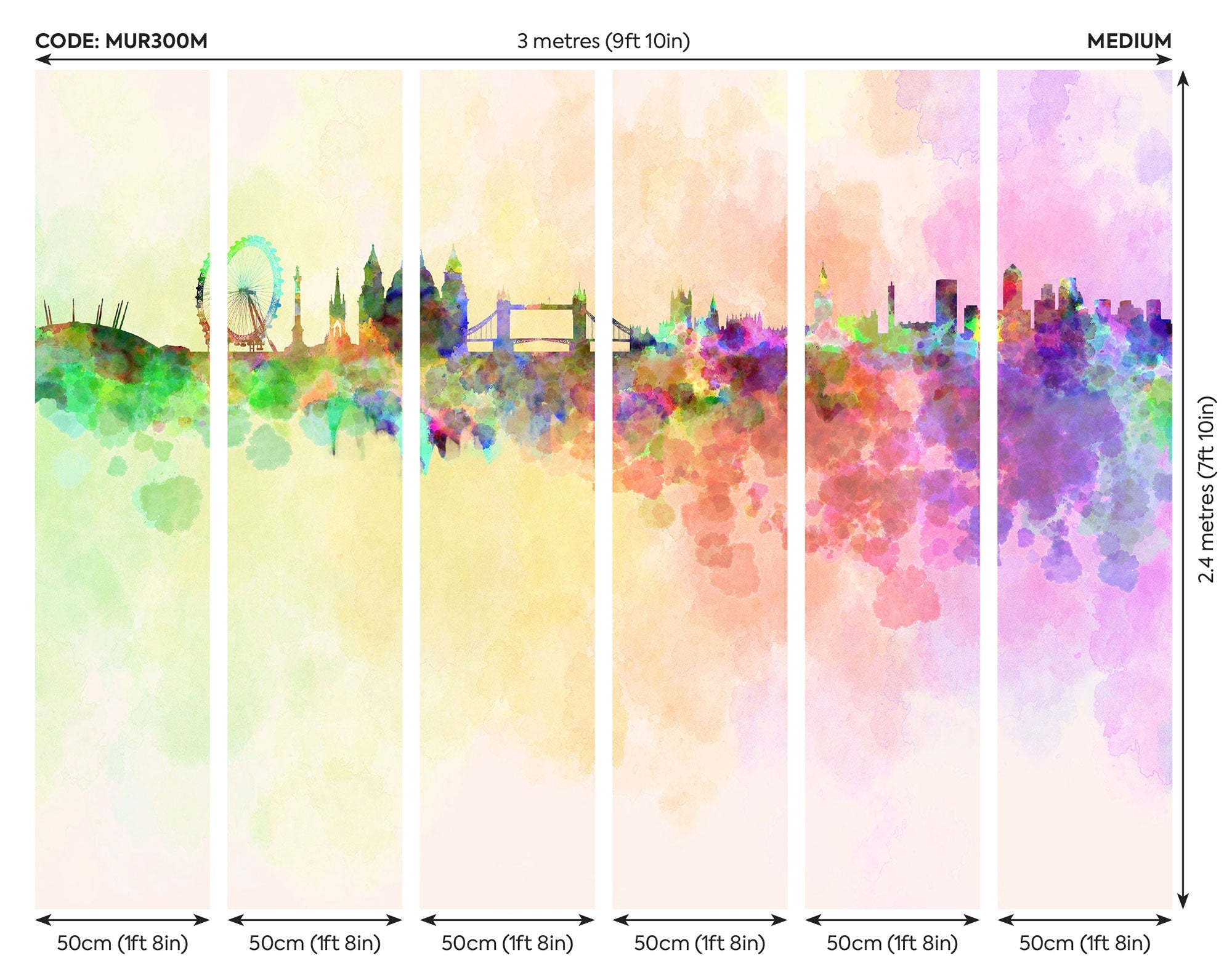 Watercolour London Skyline Multi Mural (Medium) by Origin Murals