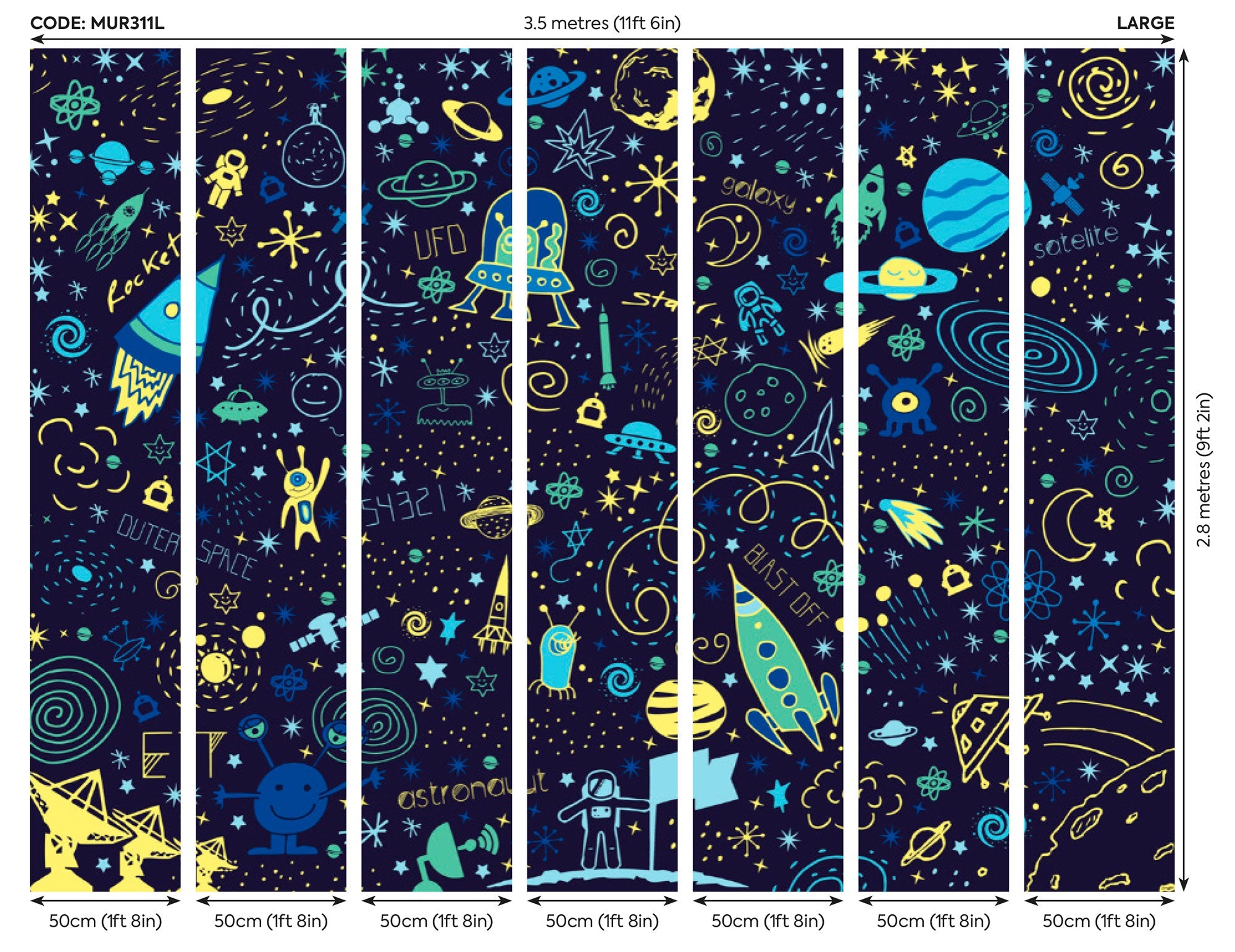 Space Doodle Text Navy Blue Mural (Large) by Origin Murals