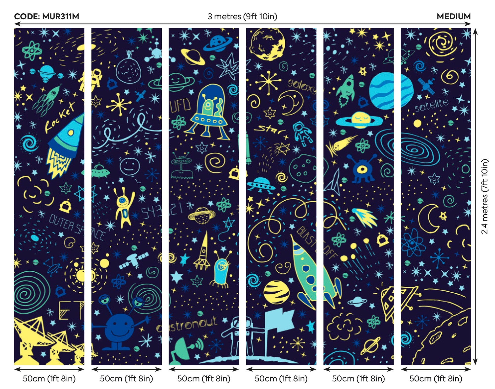Space Doodle Text Navy Blue Mural (Medium) by Origin Murals