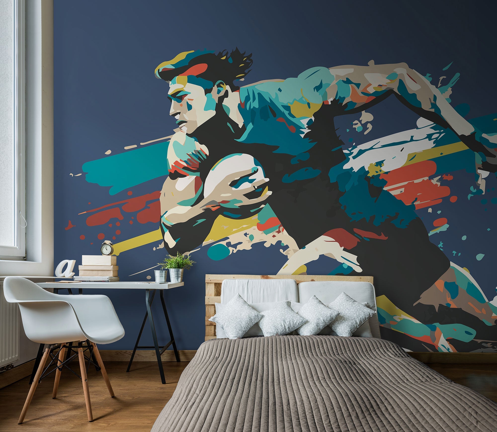 Rugby Player In Graphic Style Blue Mural (Medium) by Origin Murals