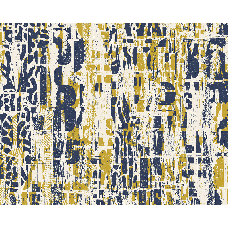 Letterpress Graffiti Navy And Yellow Mural (Large) by Origin Murals