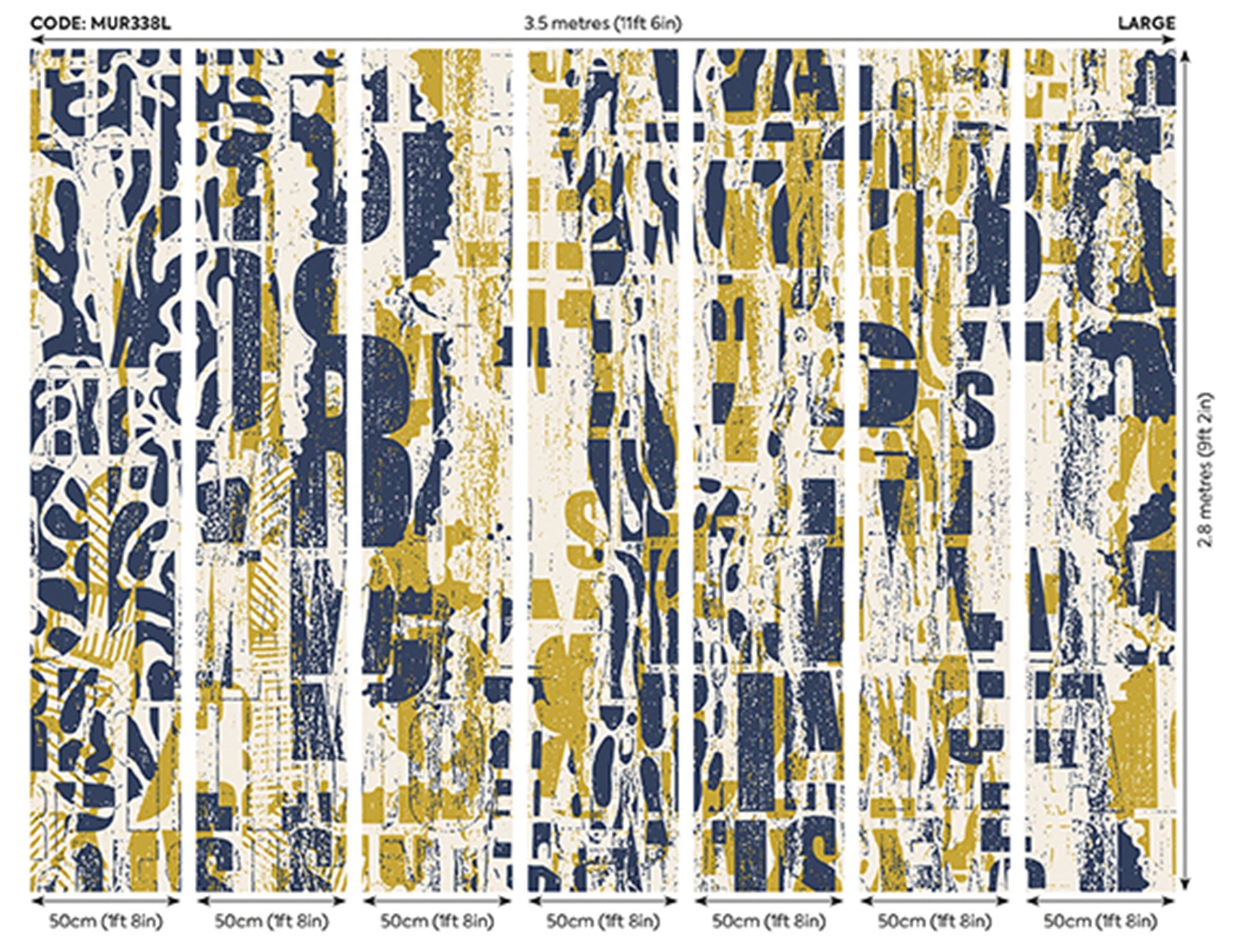 Letterpress Graffiti Navy And Yellow Mural (Large) by Origin Murals