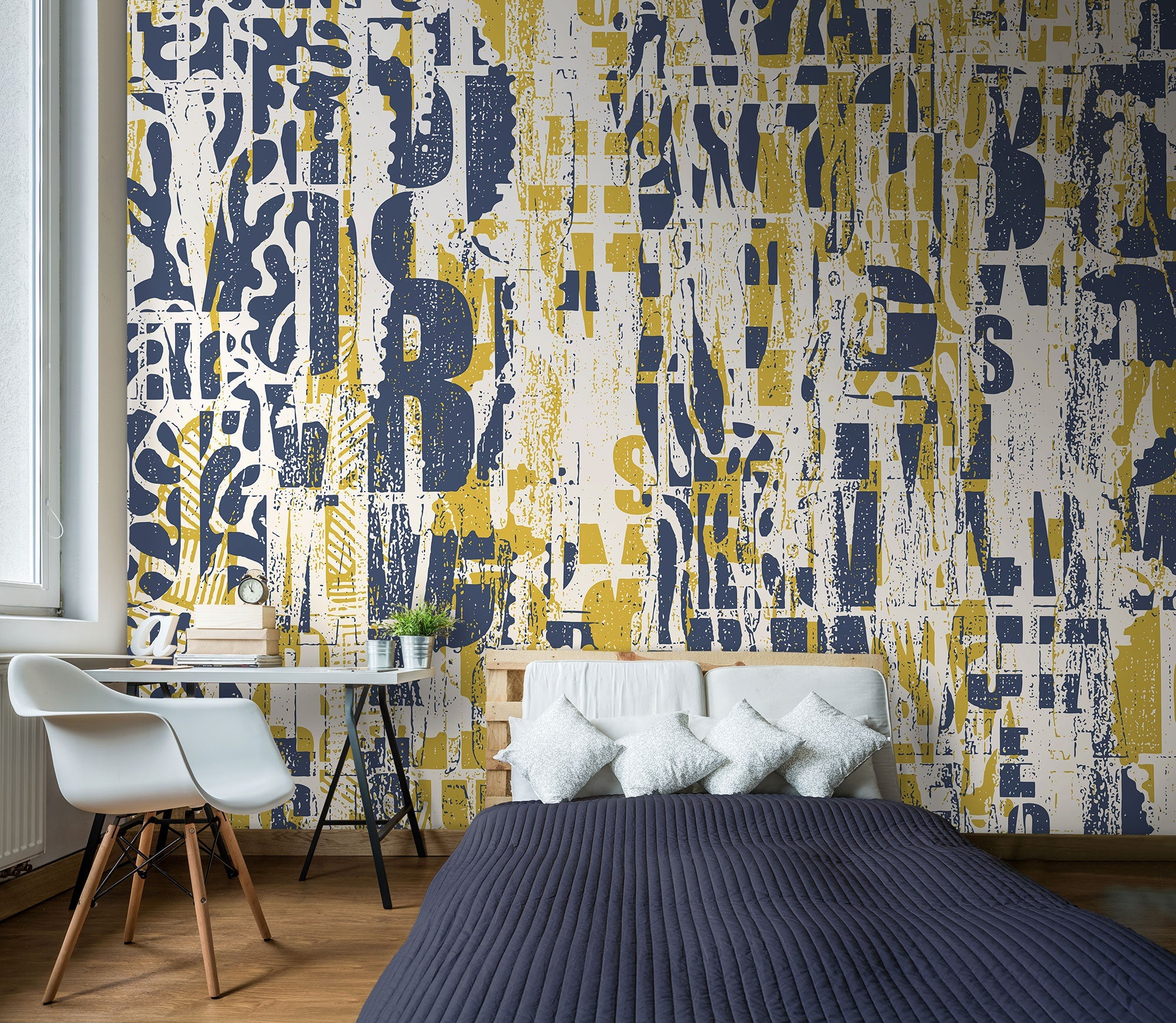 Letterpress Graffiti Navy And Yellow Mural (Medium) by Origin Murals