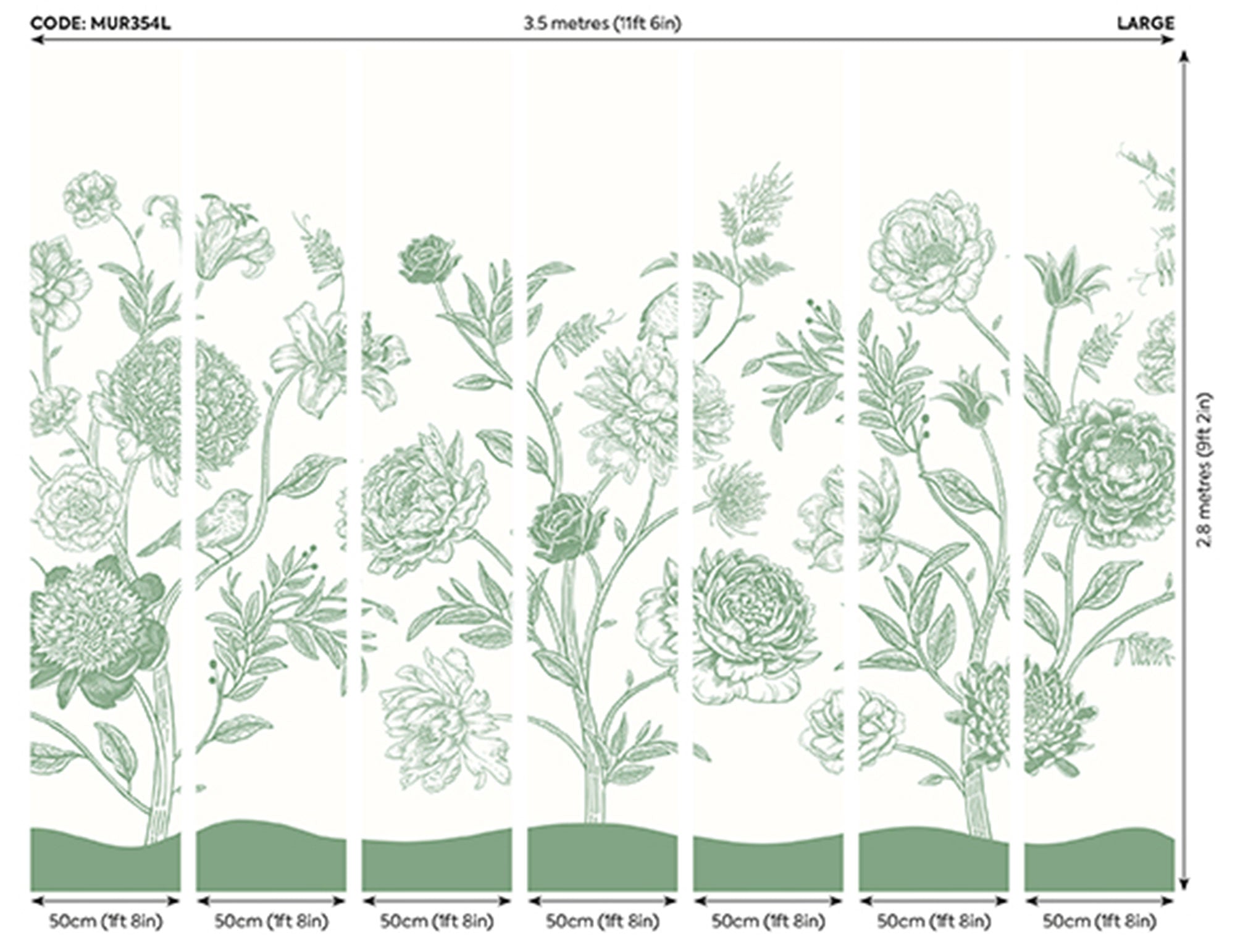 Jacobean Rose Trail Forest Green Mural (Large) by Origin Murals