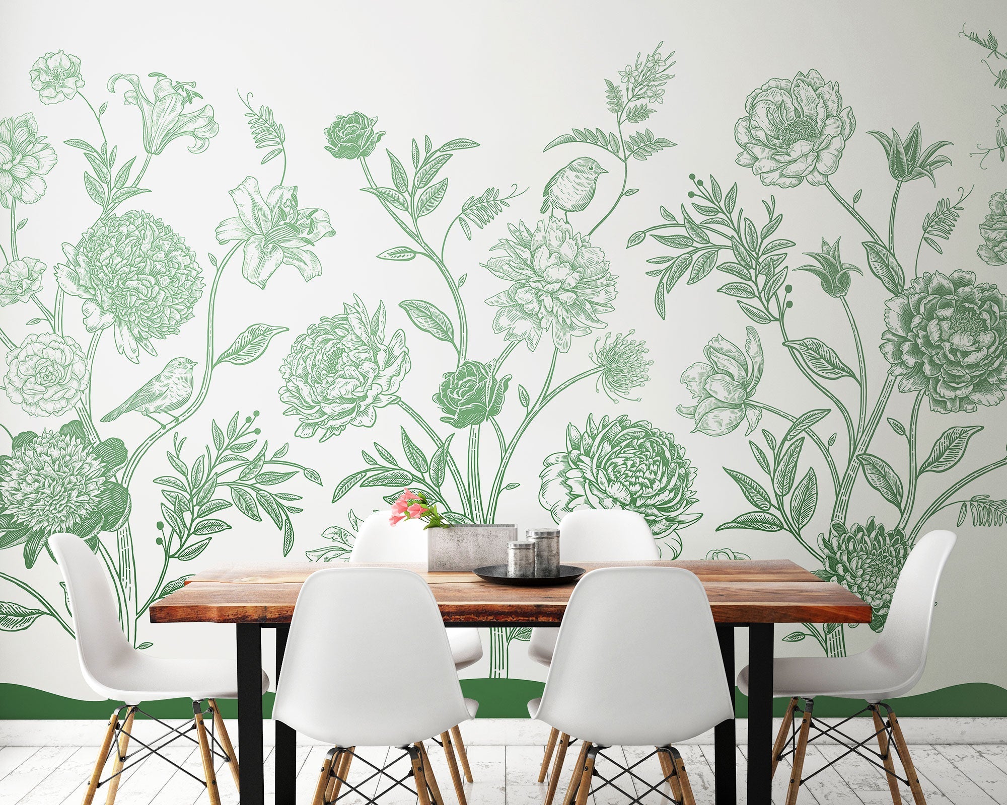 Jacobean Rose Trail Forest Green Mural (Medium) by Origin Murals