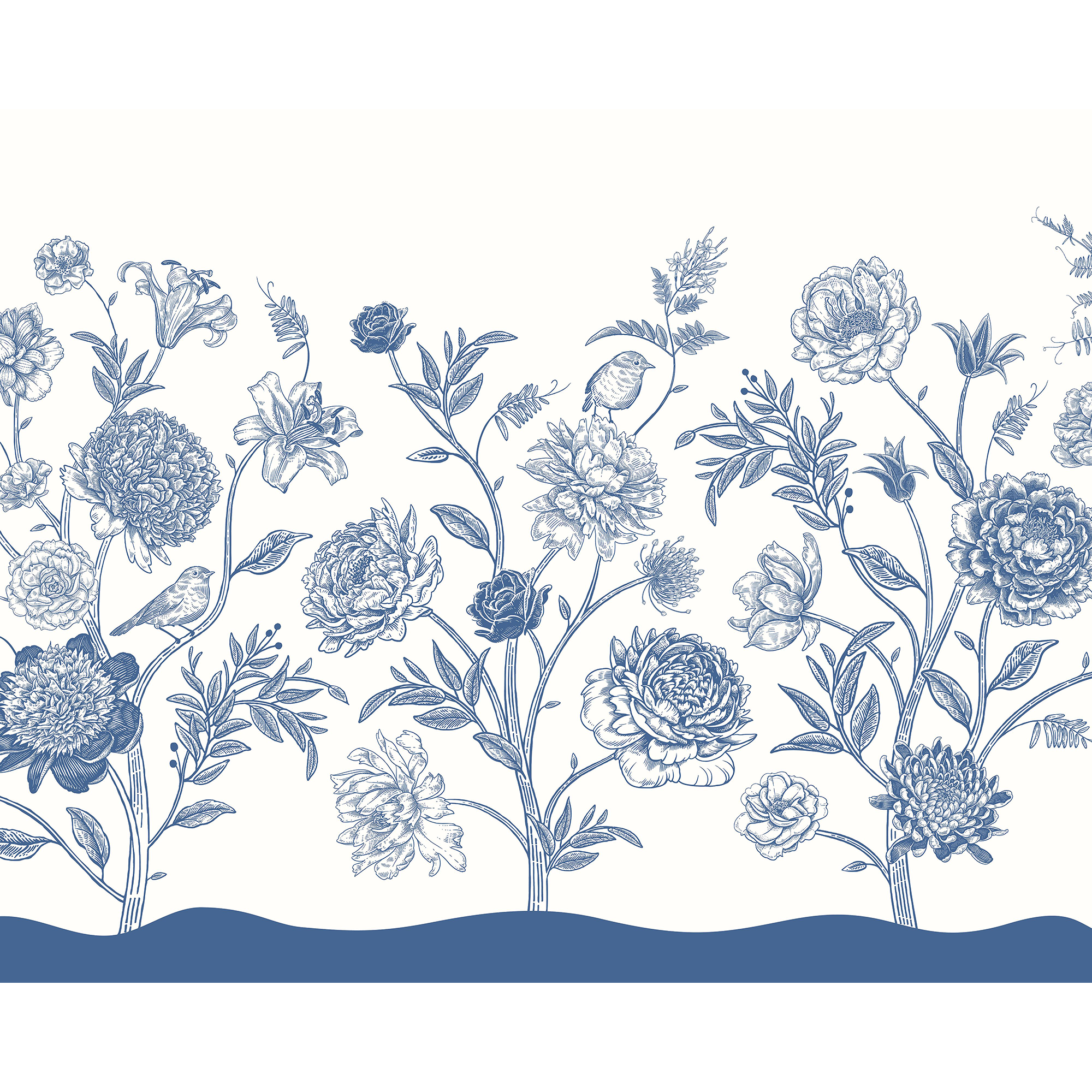 Jacobean Rose Trail Navy Blue Mural (Large) by Origin Murals