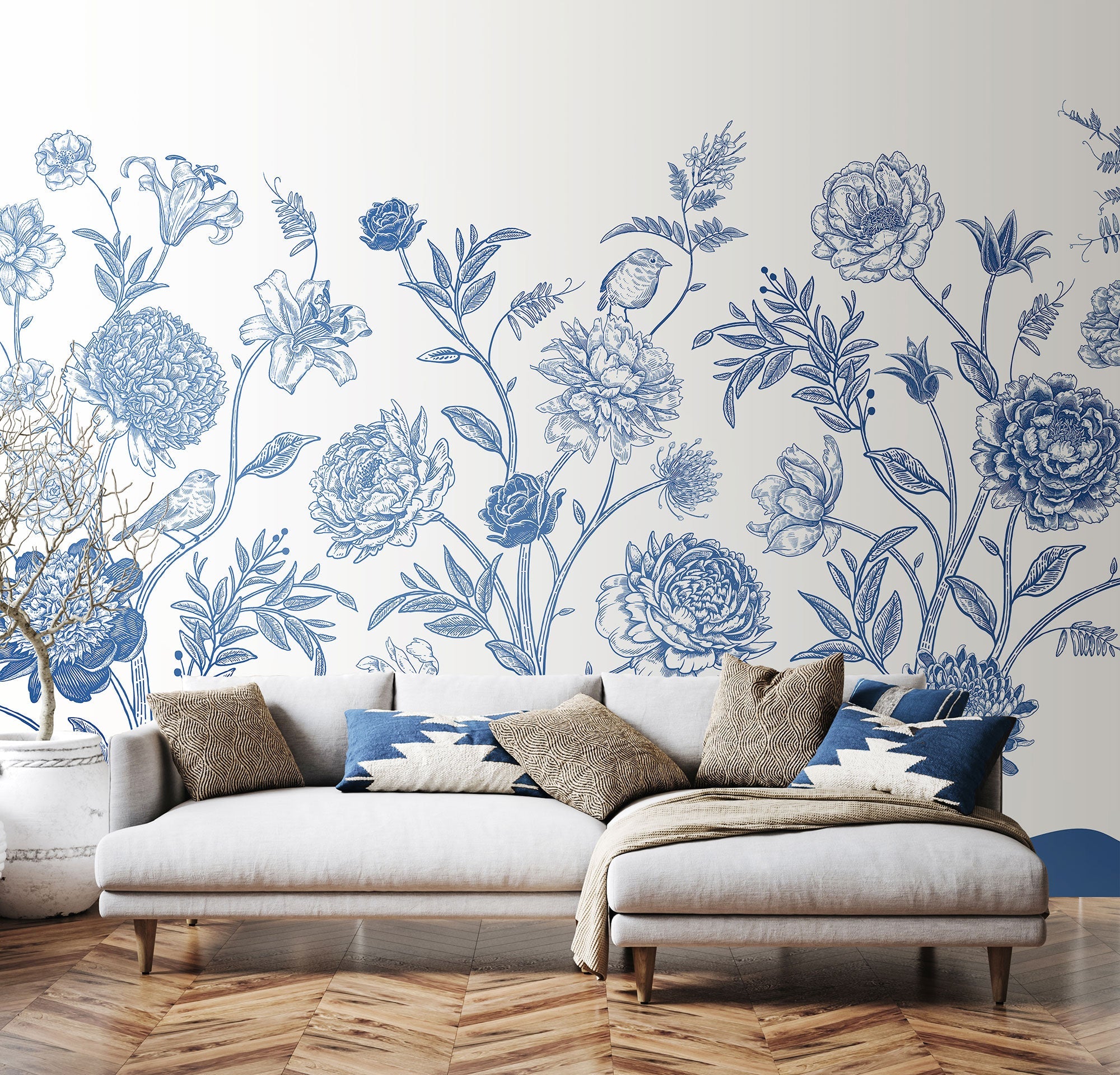 Jacobean Rose Trail Navy Blue Mural (Large) by Origin Murals