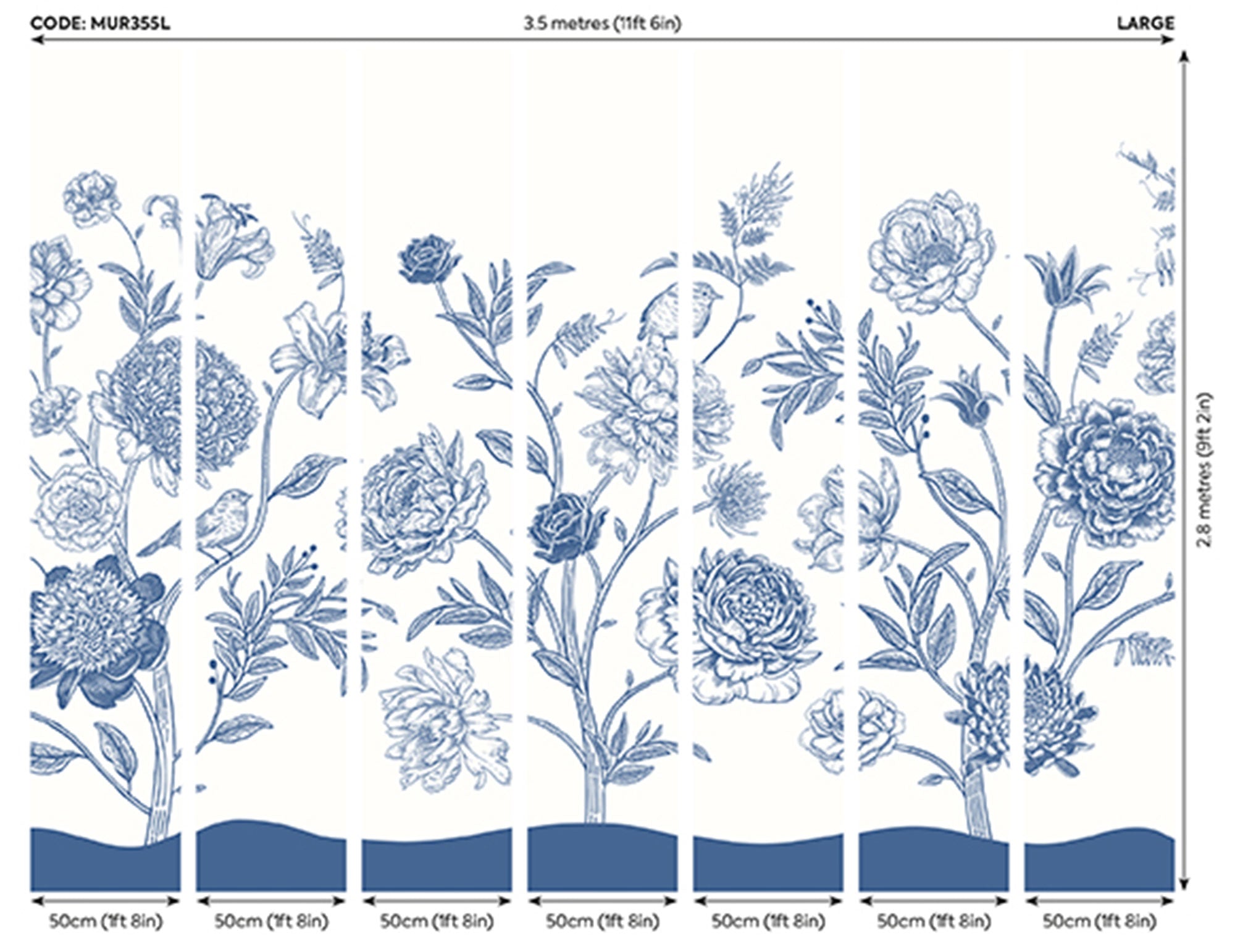 Jacobean Rose Trail Navy Blue Mural (Large) by Origin Murals