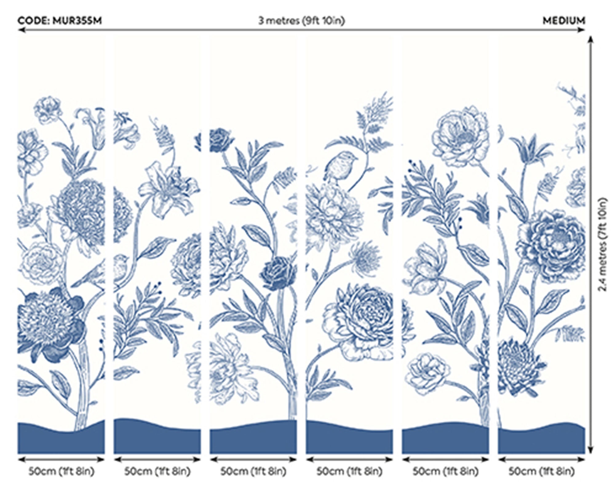 Jacobean Rose Trail Navy Blue Mural (Medium) by Origin Murals