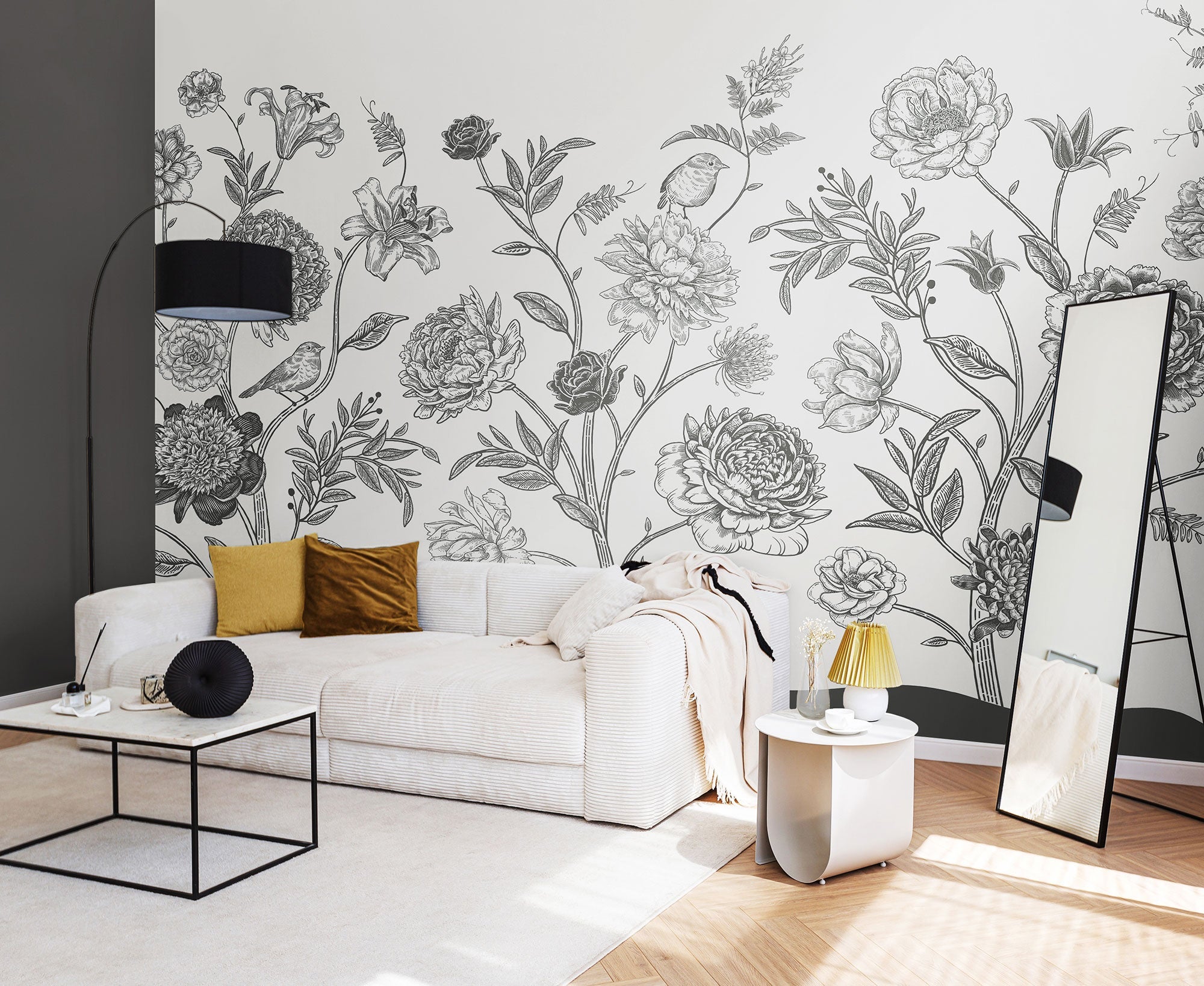 Jacobean Rose Trail Black And White Mural (Large) by Origin Murals