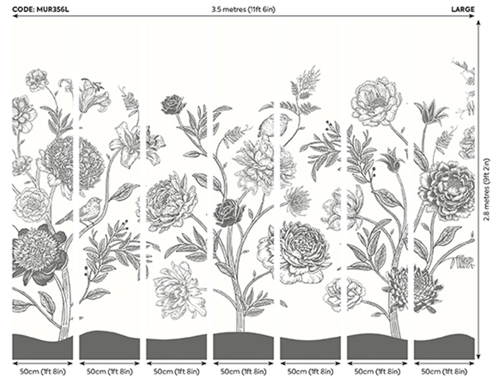 Jacobean Rose Trail Black And White Mural (Large) by Origin Murals