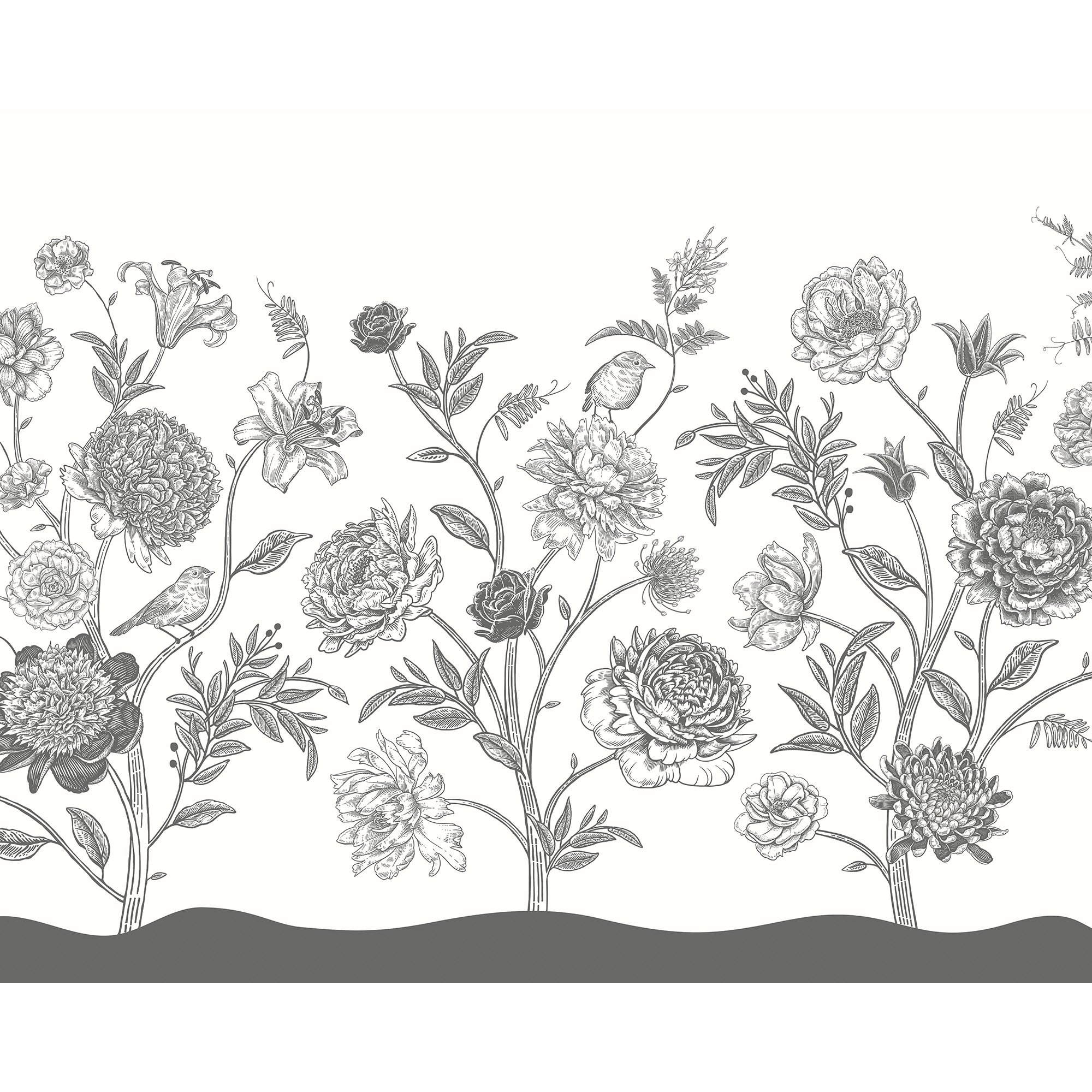 Jacobean Rose Trail Black And White Mural (Medium) by Origin Murals