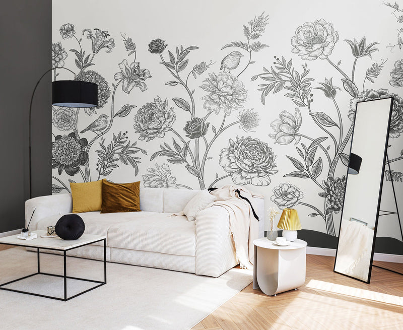 Jacobean Rose Trail Black And White Mural (Medium) by Origin Murals