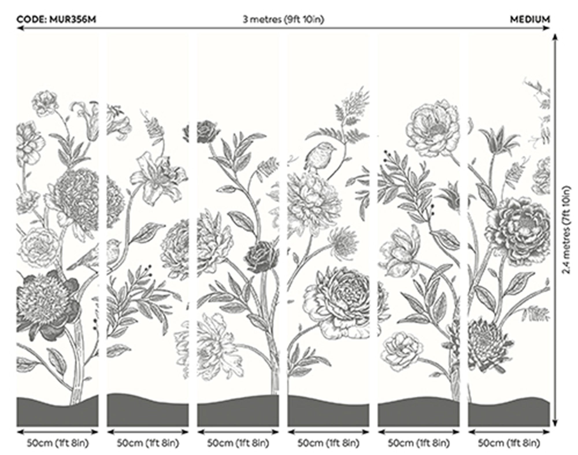 Jacobean Rose Trail Black And White Mural (Medium) by Origin Murals