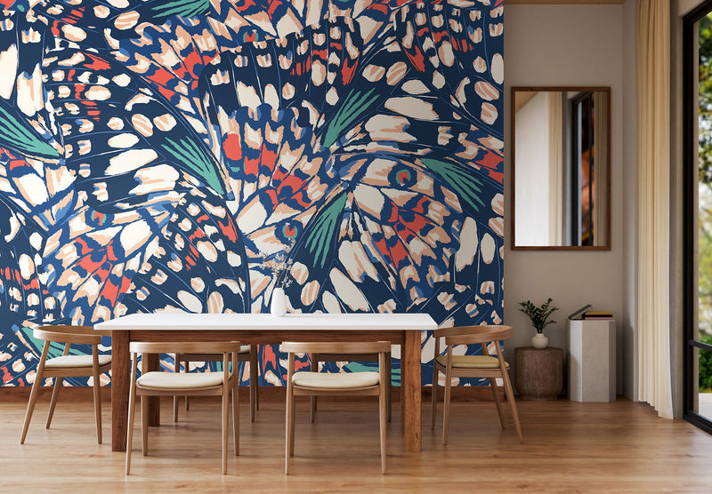Butterfly Wings Navy Blue And Coral Mural (Large) by Origin Murals