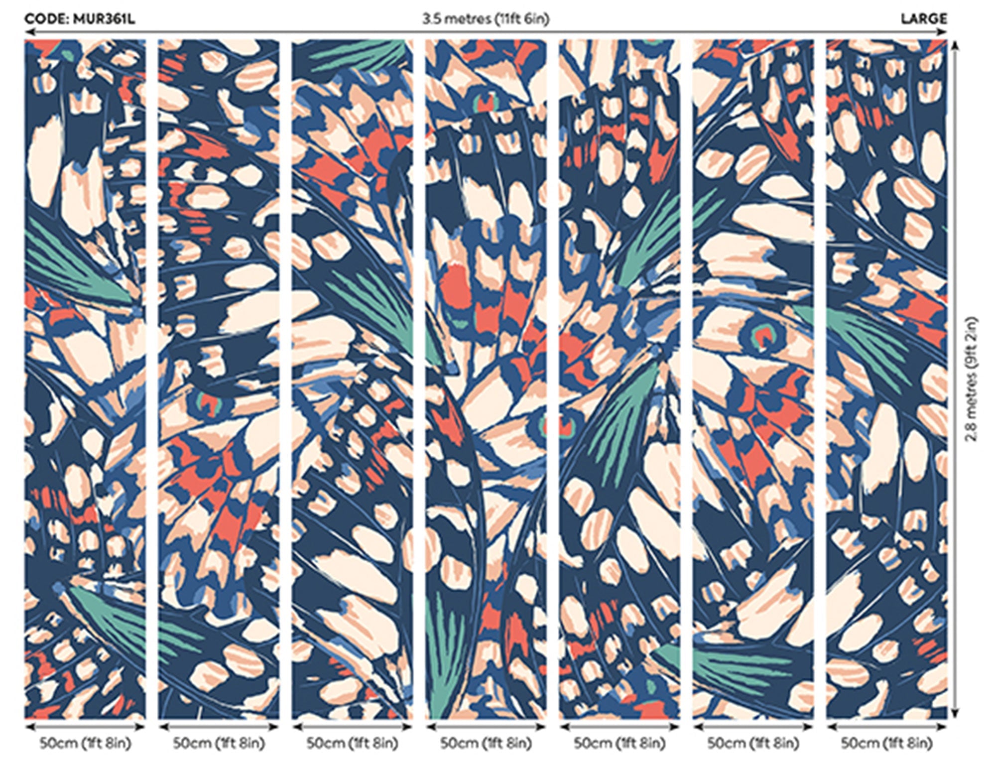 Butterfly Wings Navy Blue And Coral Mural (Large) by Origin Murals
