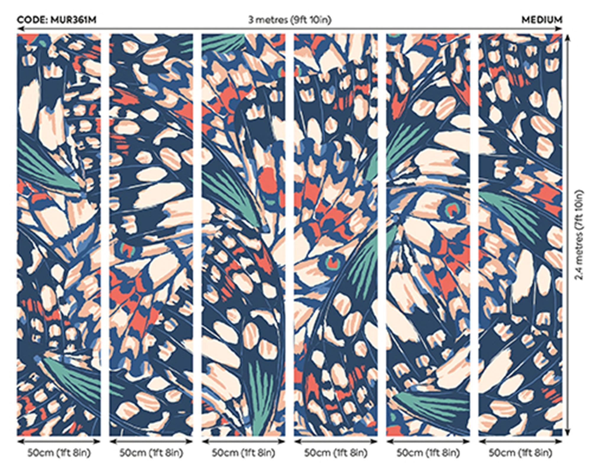 Butterfly Wings Navy Blue And Coral Mural (Medium) by Origin Murals