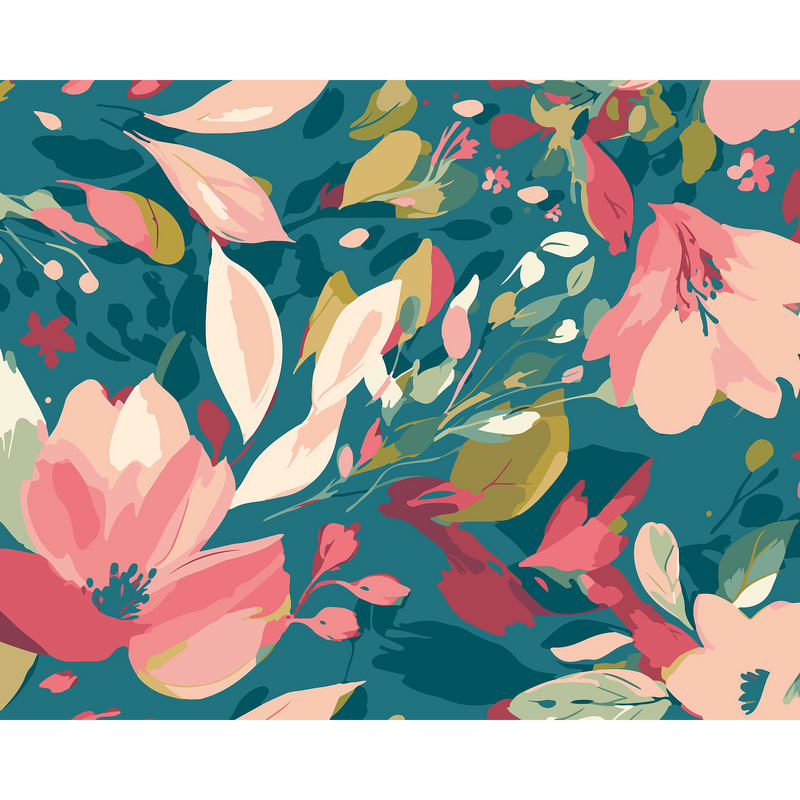 Flowing Flowers Teal Blue And Coral Mural (Large) by Origin Murals