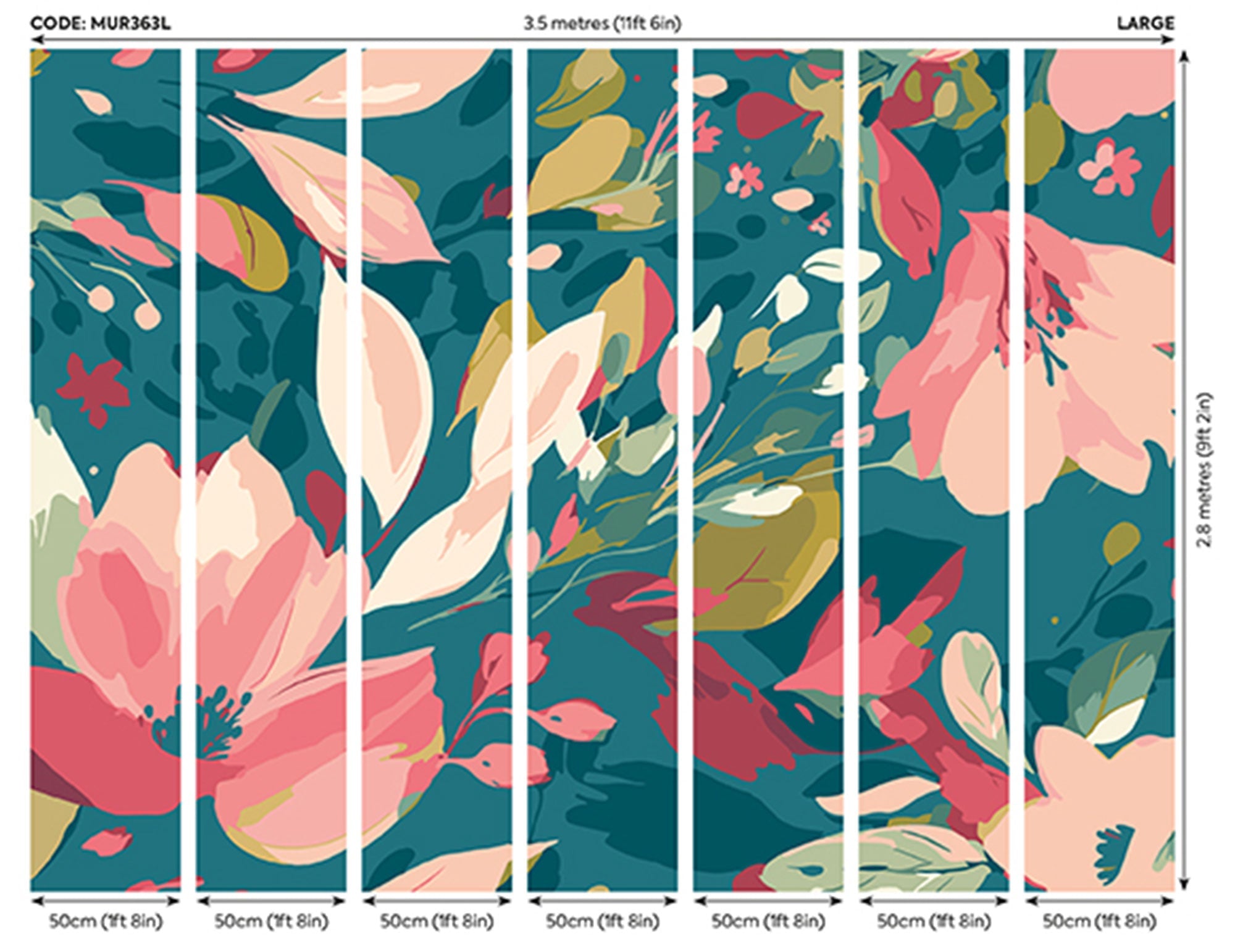 Flowing Flowers Teal Blue And Coral Mural (Large) by Origin Murals