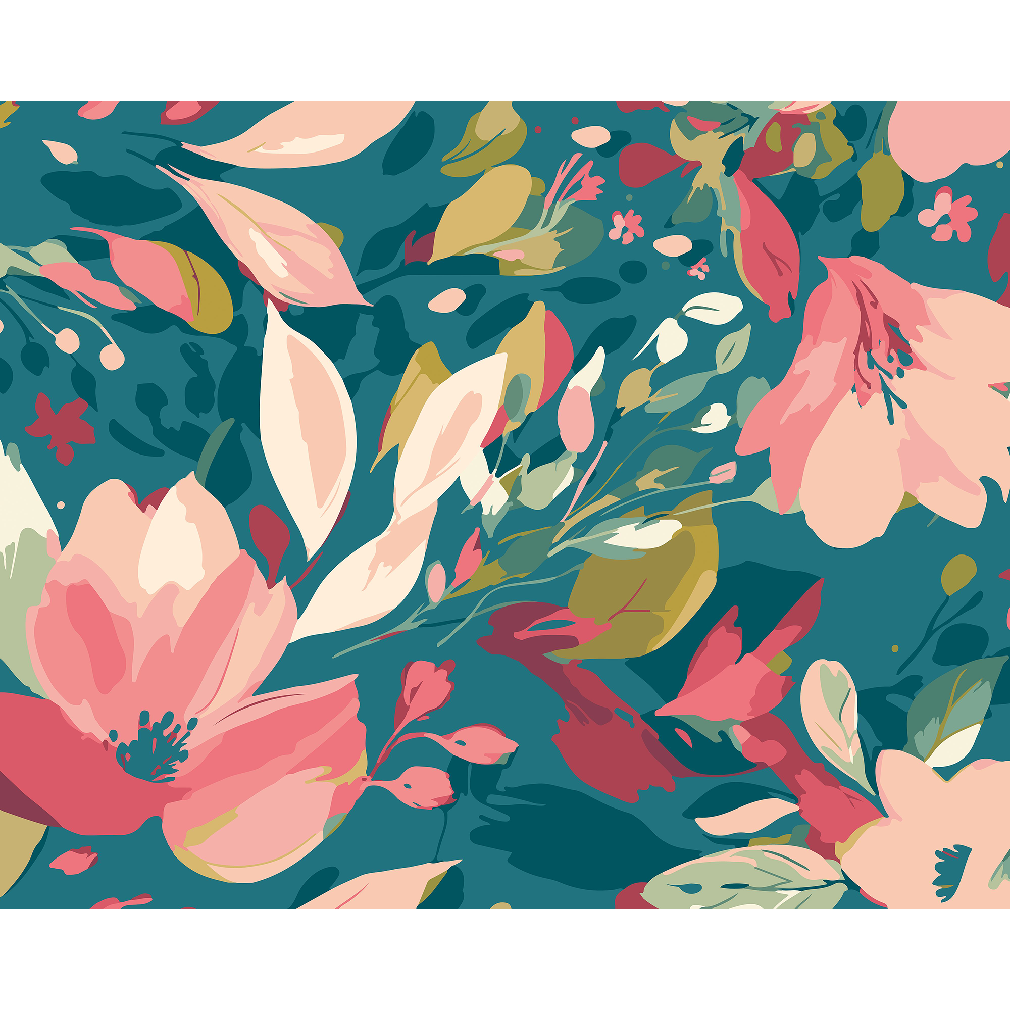Flowing Flowers Teal Blue And Coral Mural (Medium) by Origin Murals