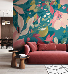 Flowing Flowers Teal Blue And Coral Mural (Medium) by Origin Murals