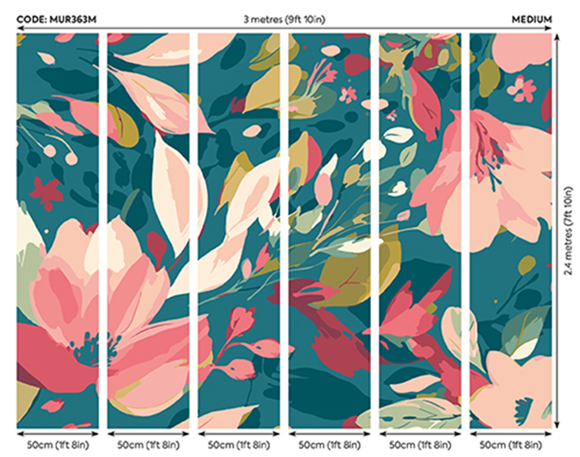 Flowing Flowers Teal Blue And Coral Mural (Medium) by Origin Murals