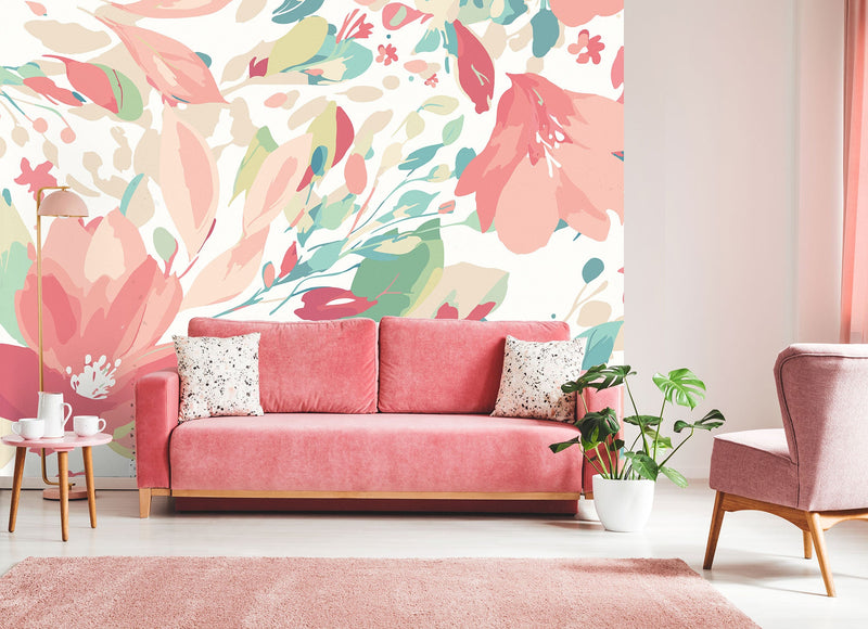 Flowing Flowers Coral Pink Mural (Medium) by Origin Murals