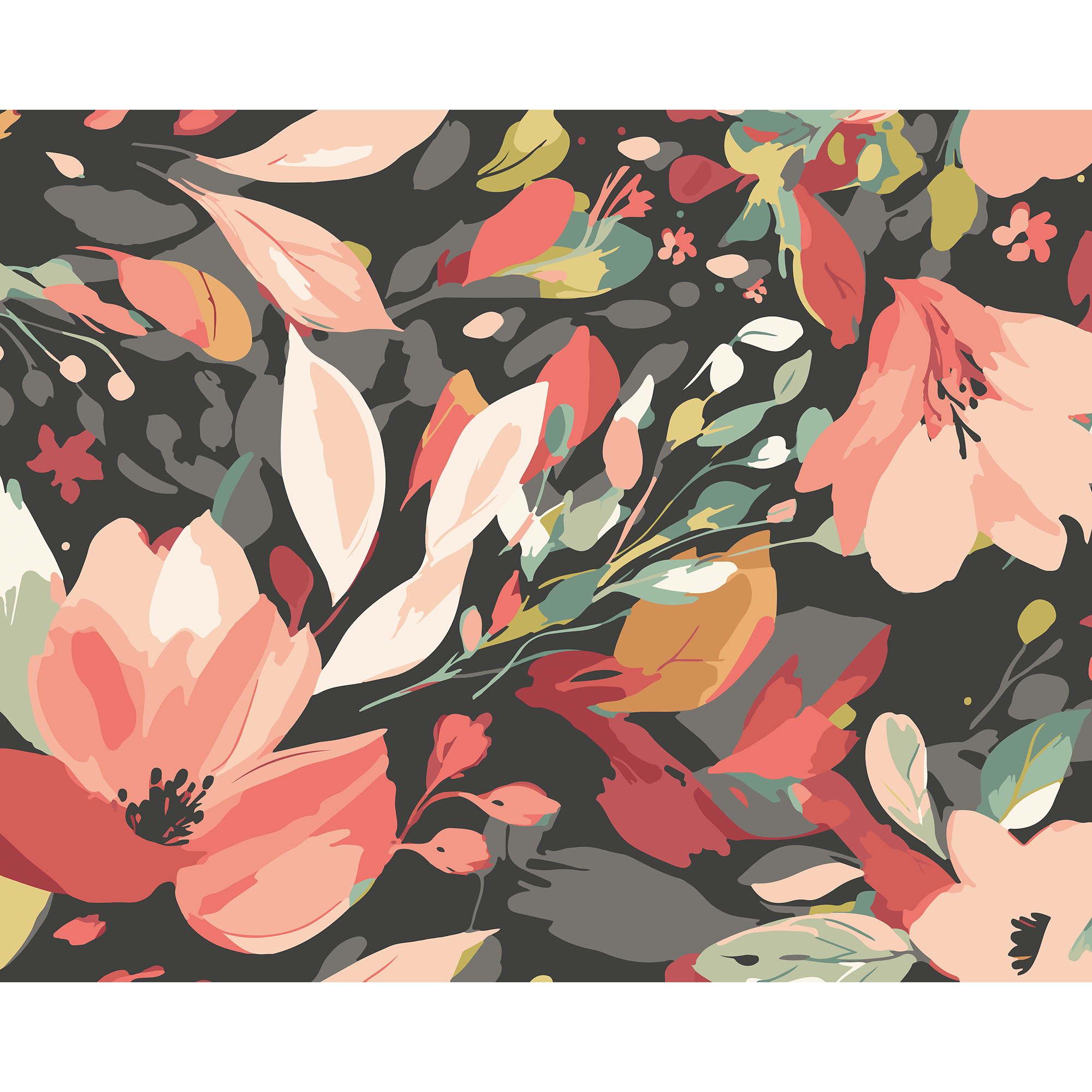 Flowing Flowers Charcoal Black And Red Mural (Large) by Origin Murals