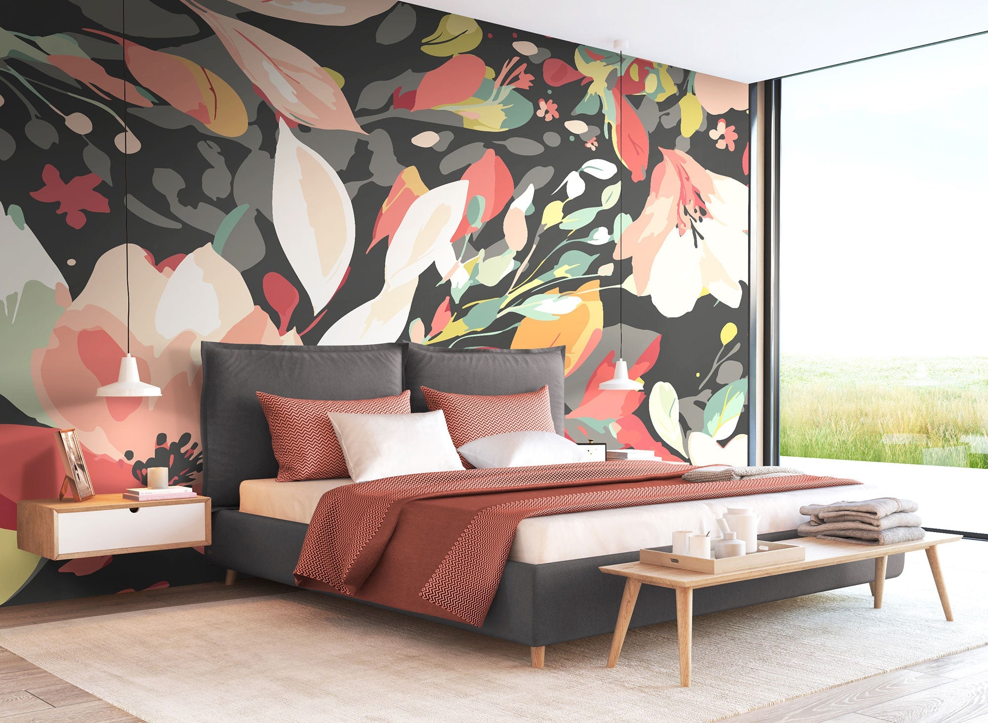 Flowing Flowers Charcoal Black And Red Mural (Large) by Origin Murals