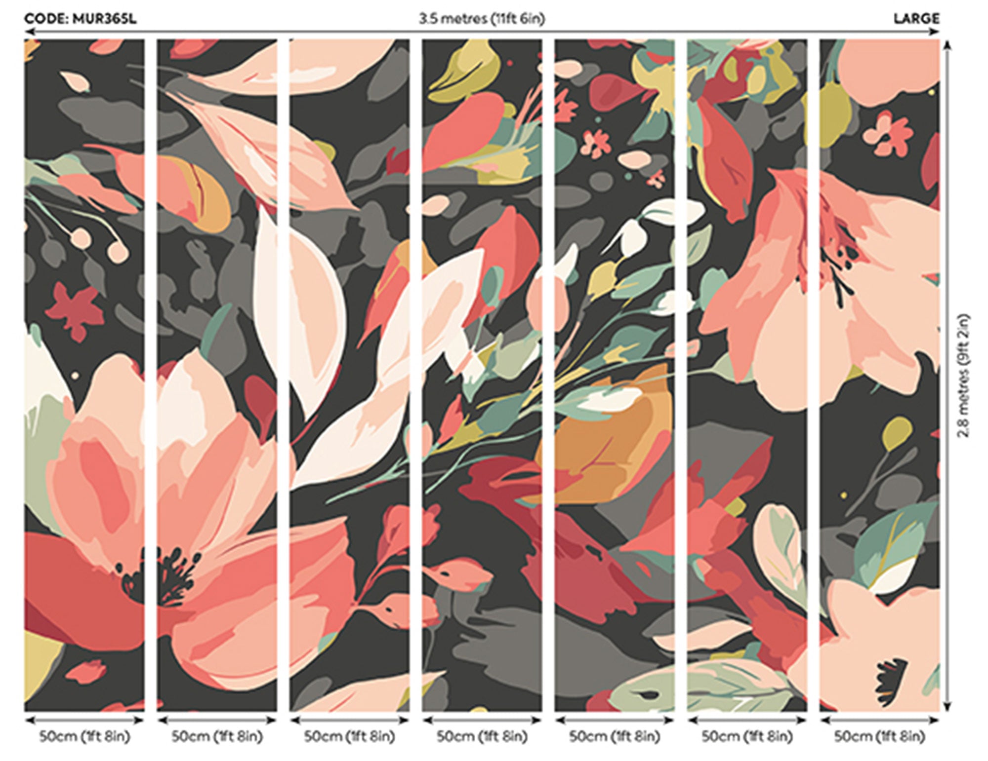 Flowing Flowers Charcoal Black And Red Mural (Large) by Origin Murals